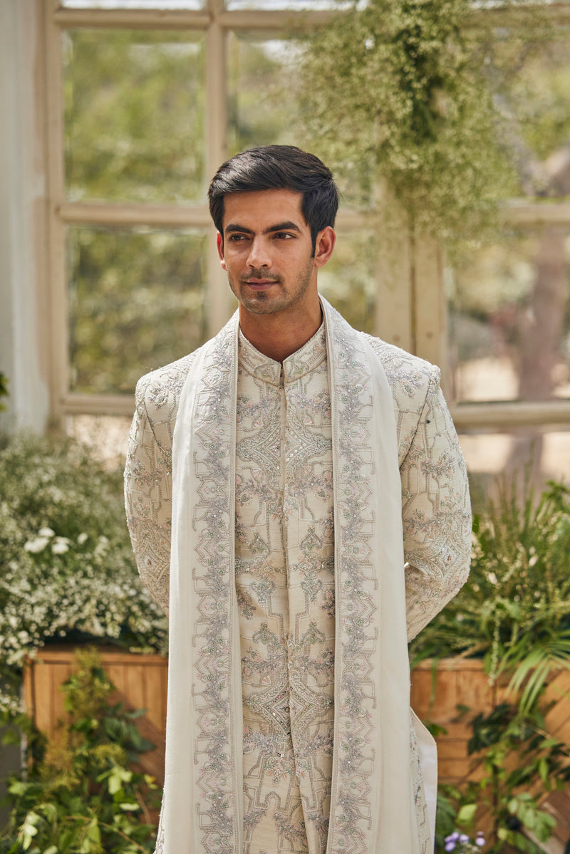 ELEGANT IVORY SHERWANI WITH TROUSER AND PALLA