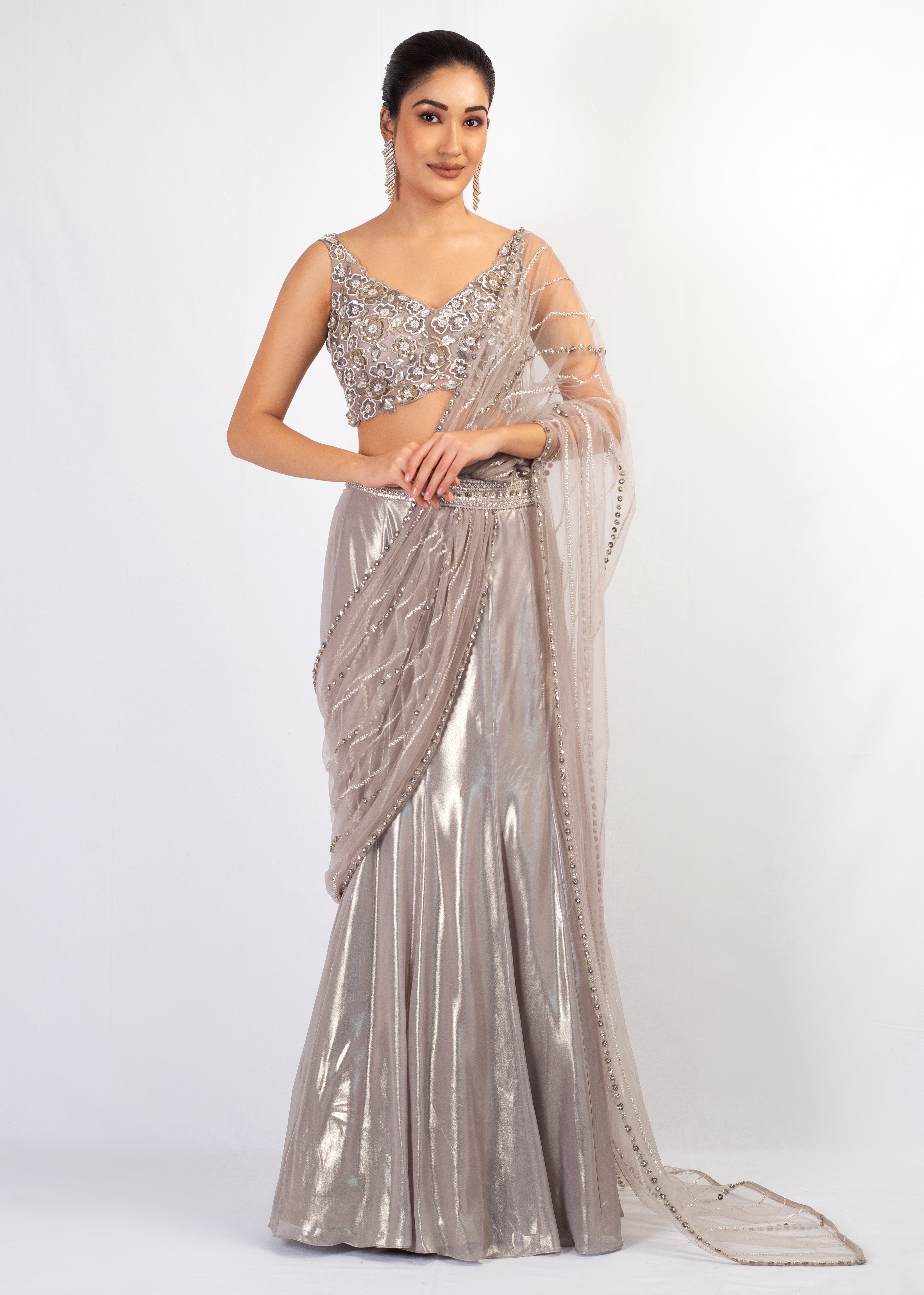 MOUSE GEORGETTE STITCHED SAREE WITH EMBROIDERED TOP