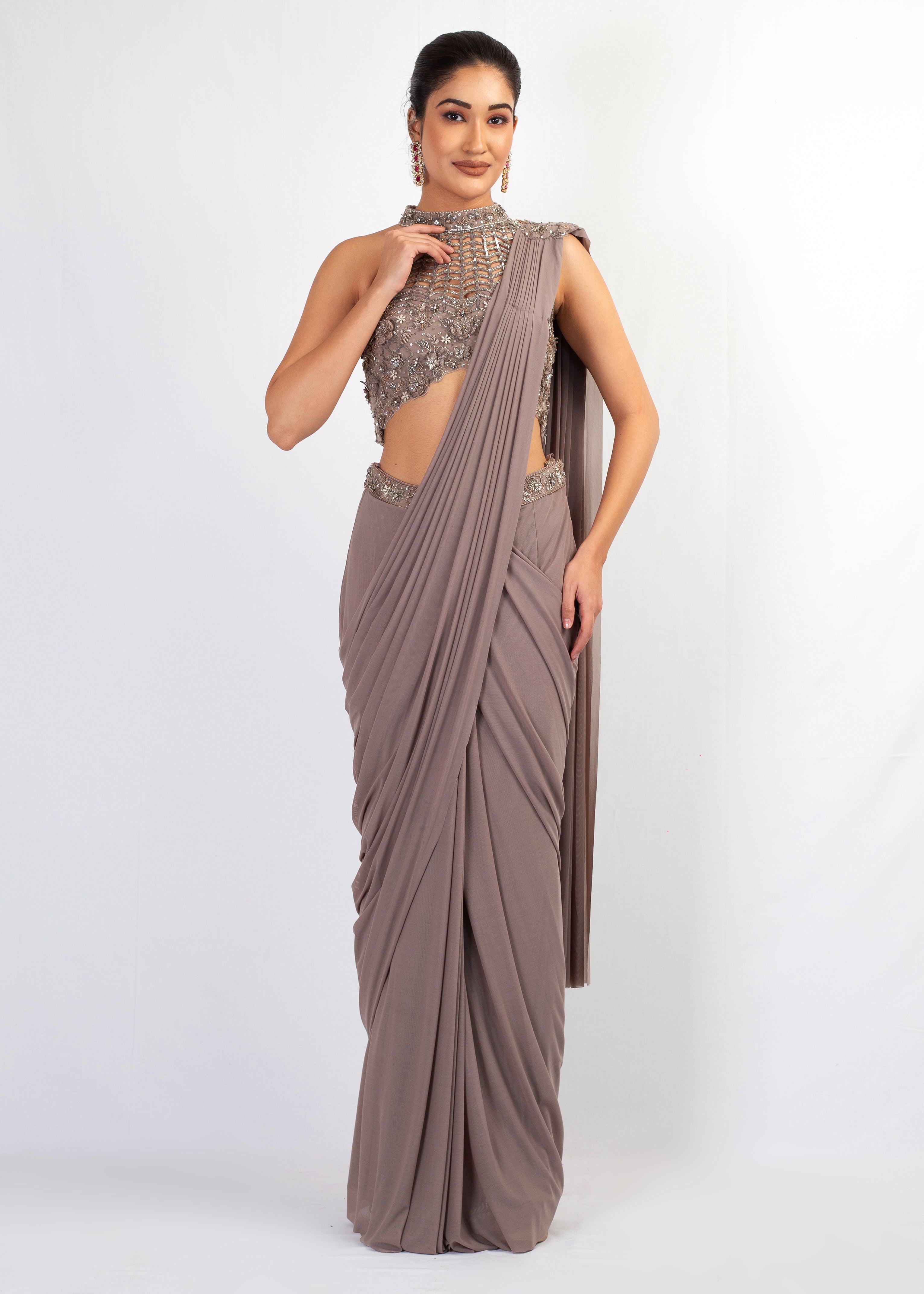 STYLISH GREY STITCHED SAREE WITH HALTER TOP