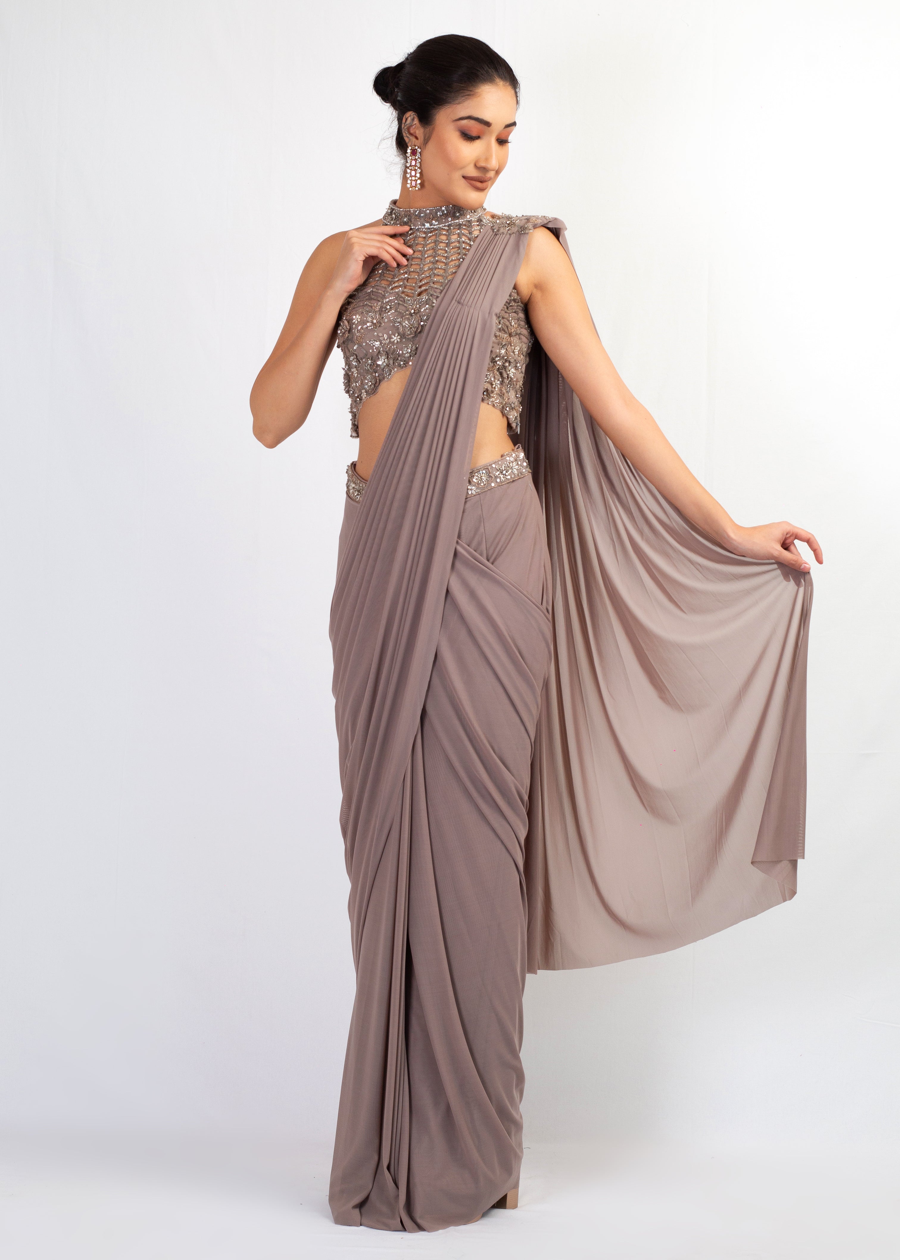 STYLISH GREY STITCHED SAREE WITH HALTER TOP