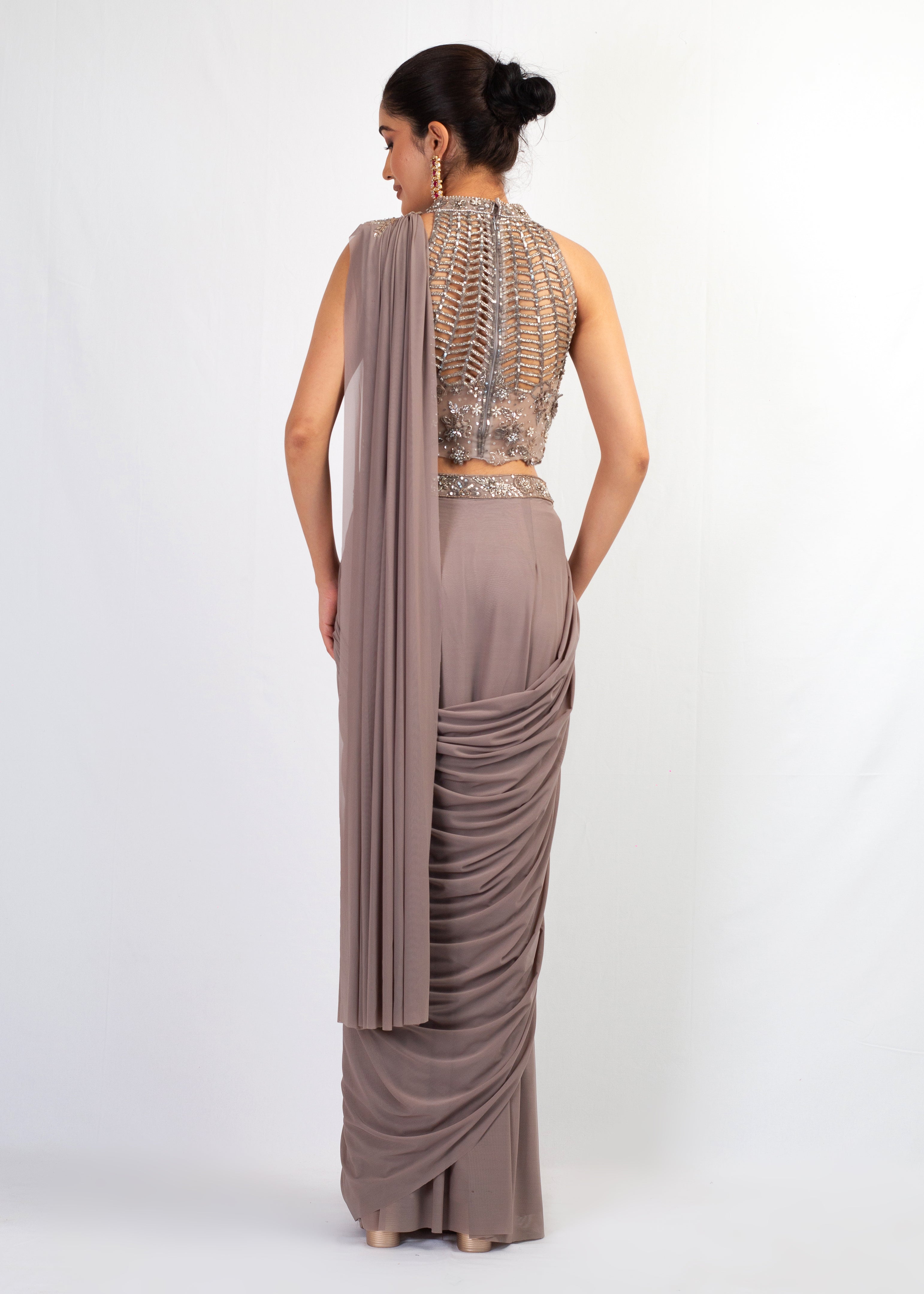 STYLISH GREY STITCHED SAREE WITH HALTER TOP