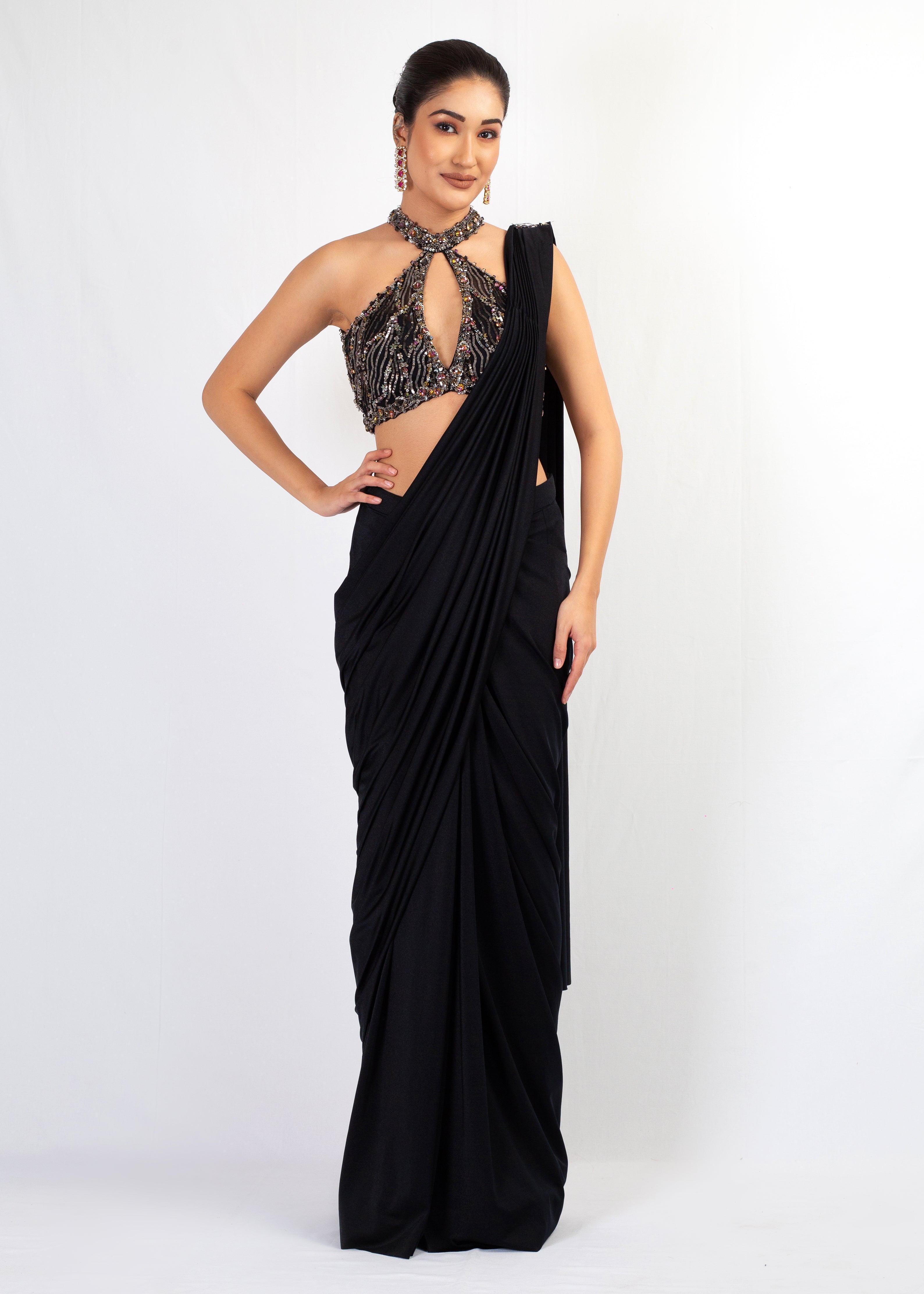STYLISH BLACK STITCHED SAREE WITH HALTER TOP