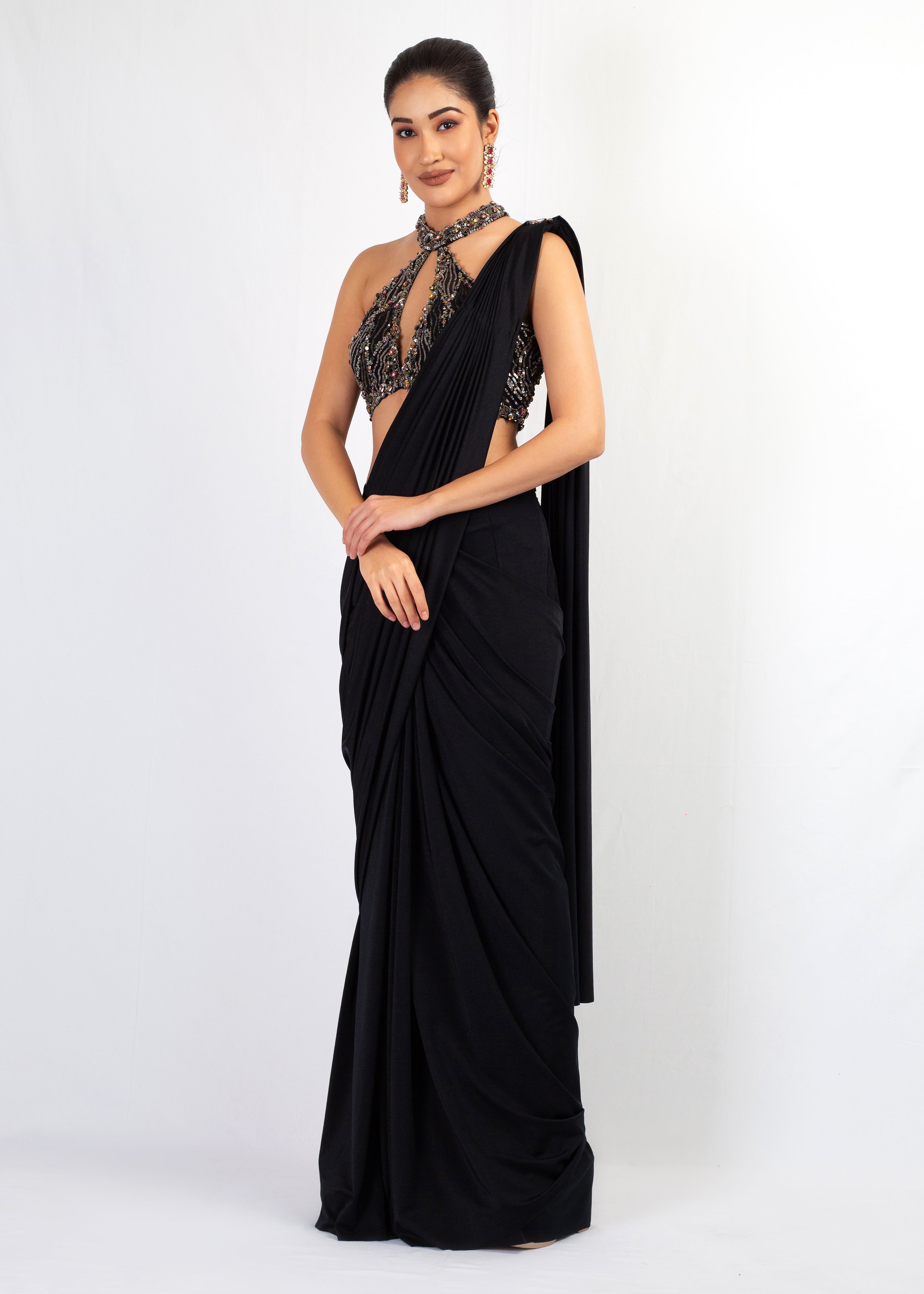 STYLISH BLACK STITCHED SAREE WITH HALTER TOP