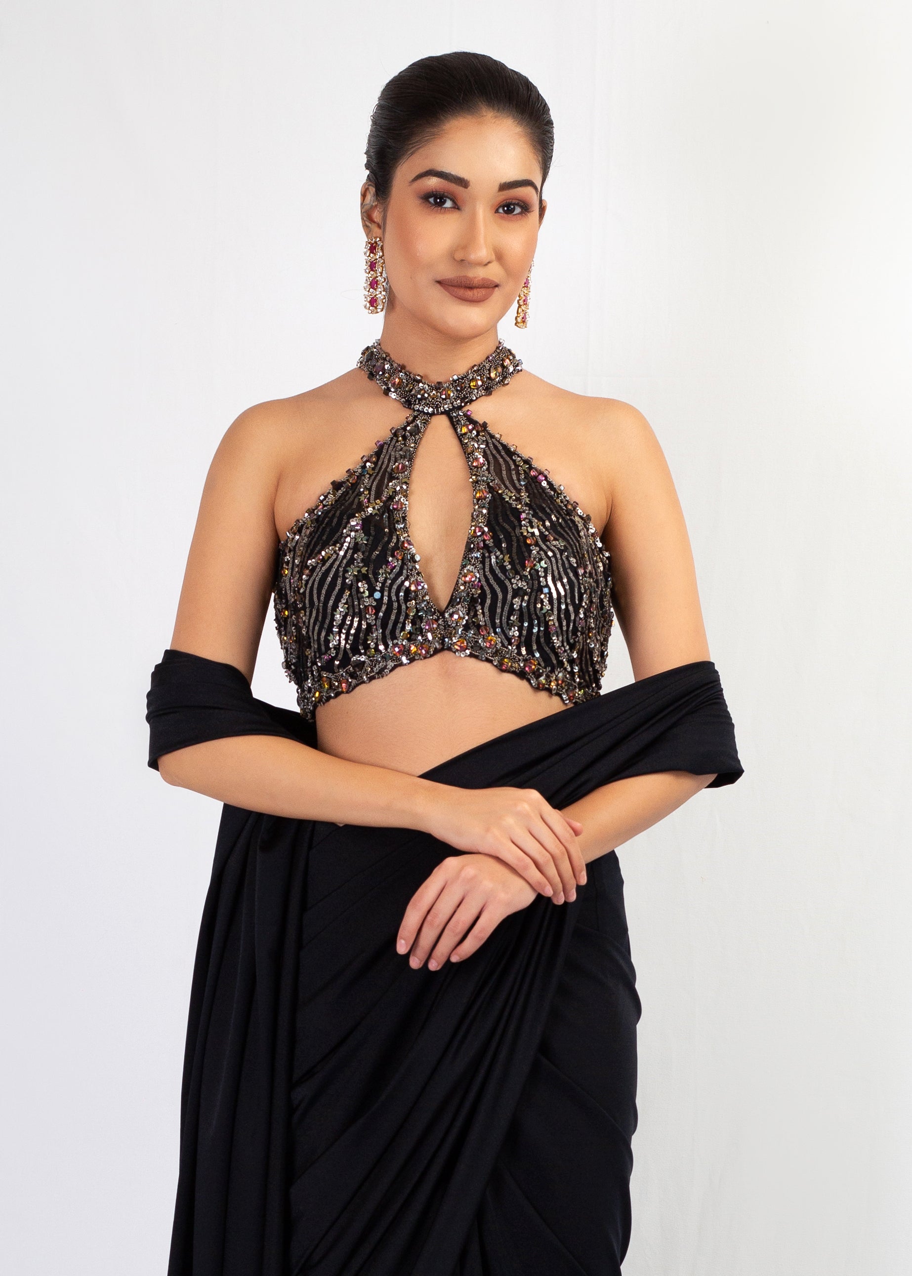 STYLISH BLACK STITCHED SAREE WITH HALTER TOP