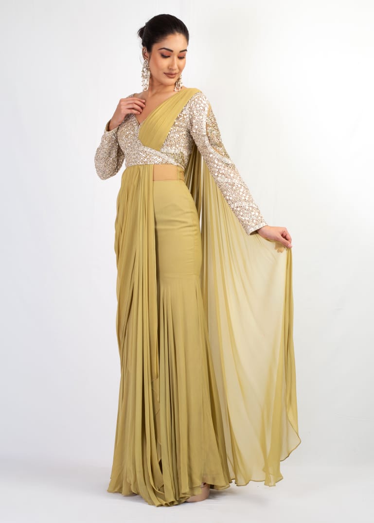 ELEGANT OLIVE EMBROIDERY TOP WITH DRAPE SAREE