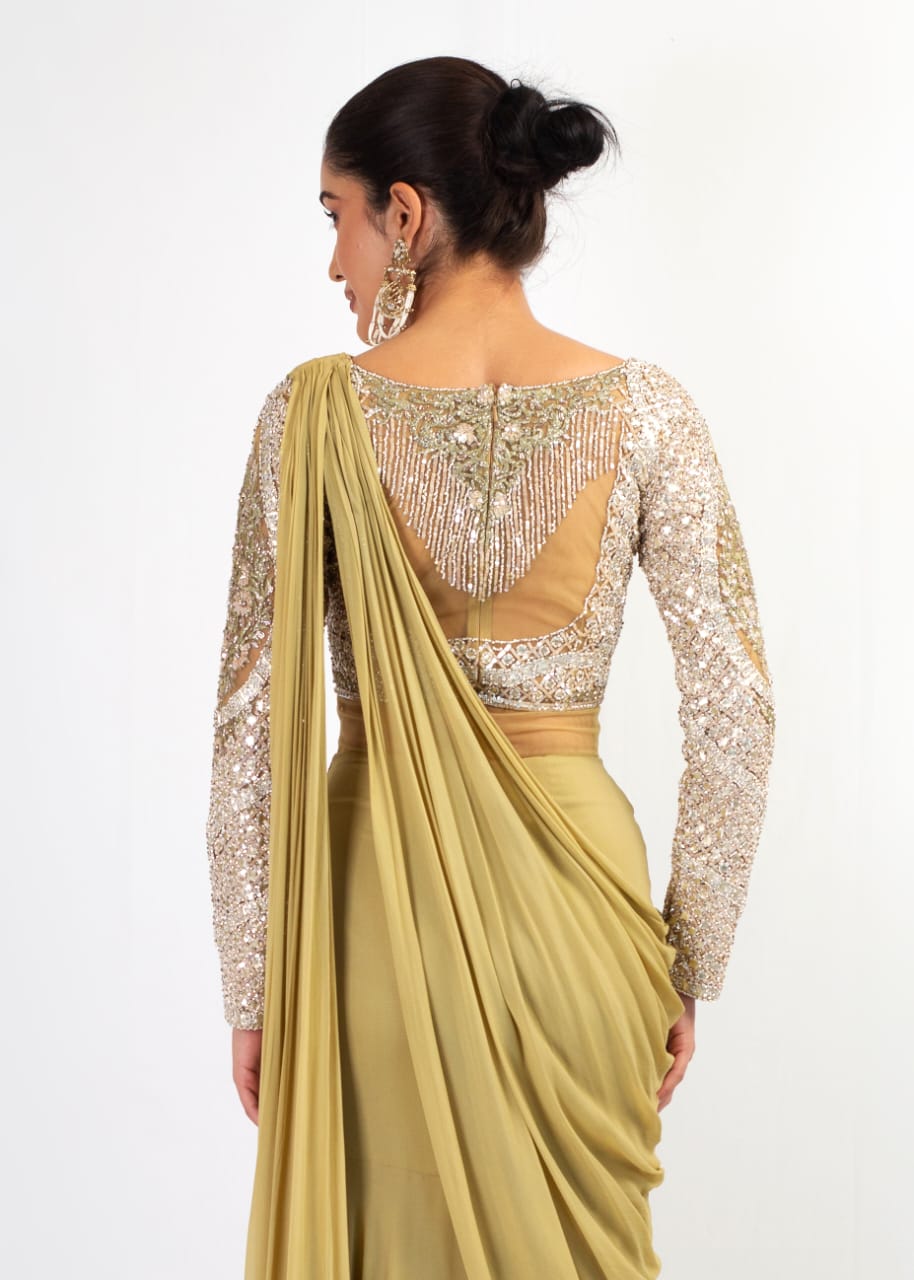 ELEGANT OLIVE EMBROIDERY TOP WITH DRAPE SAREE