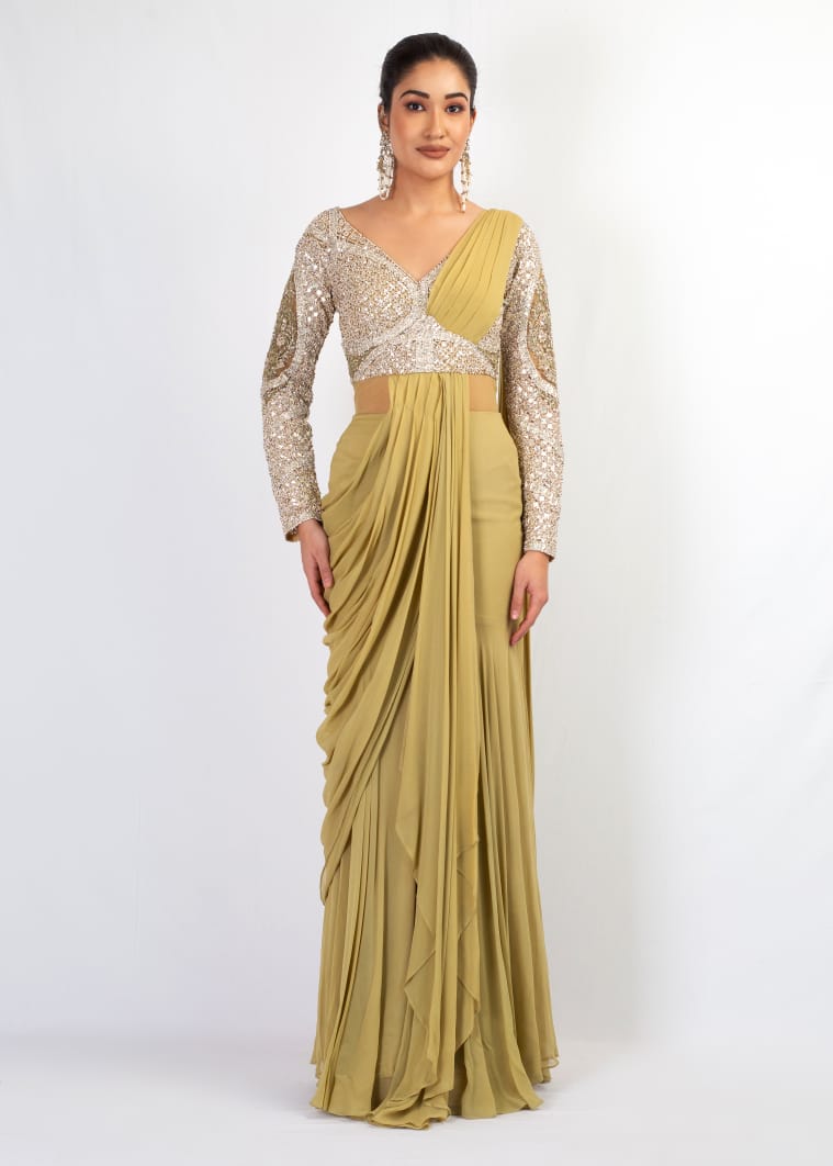 ELEGANT OLIVE EMBROIDERY TOP WITH DRAPE SAREE