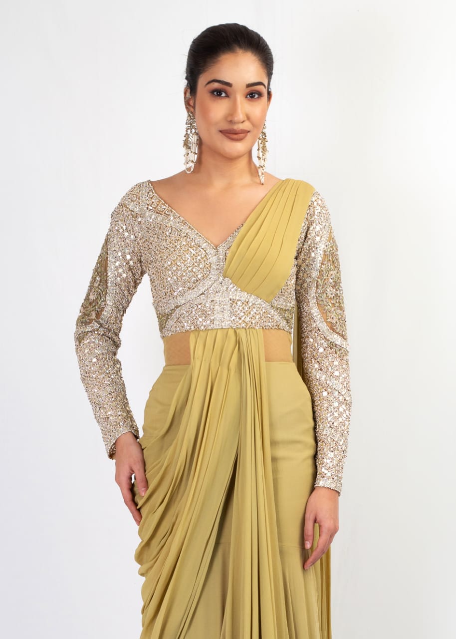 ELEGANT OLIVE EMBROIDERY TOP WITH DRAPE SAREE