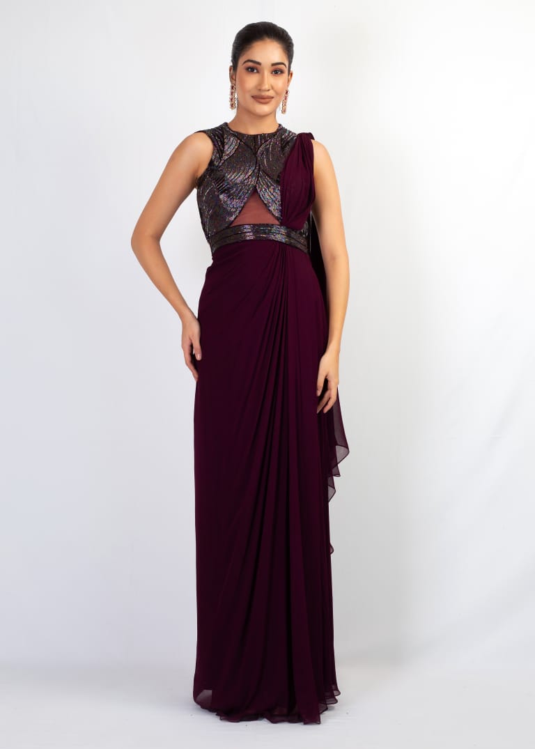 ELEGANT WINE EMBROIDERY TOP WITH DRAPE SAREE
