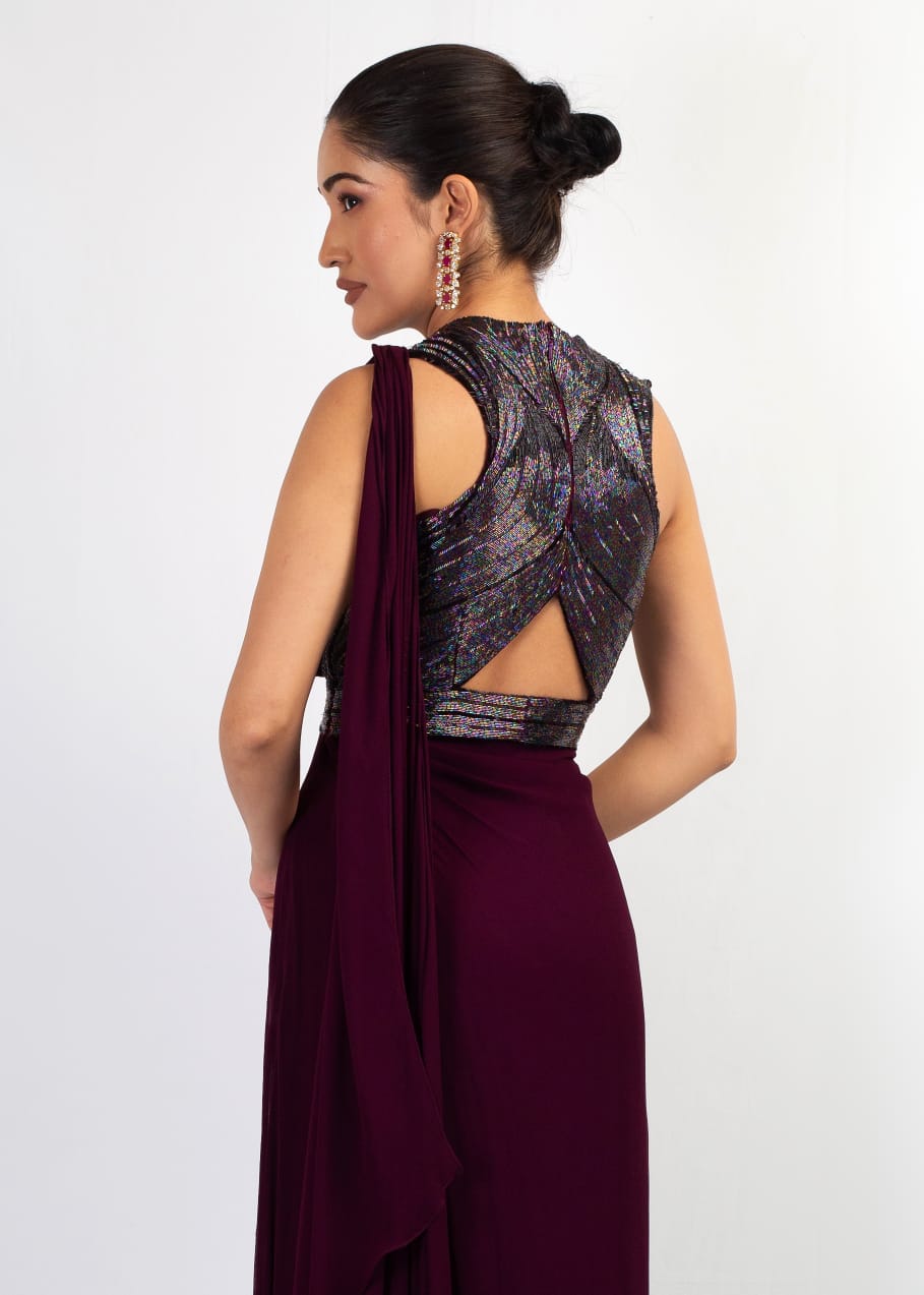ELEGANT WINE EMBROIDERY TOP WITH DRAPE SAREE
