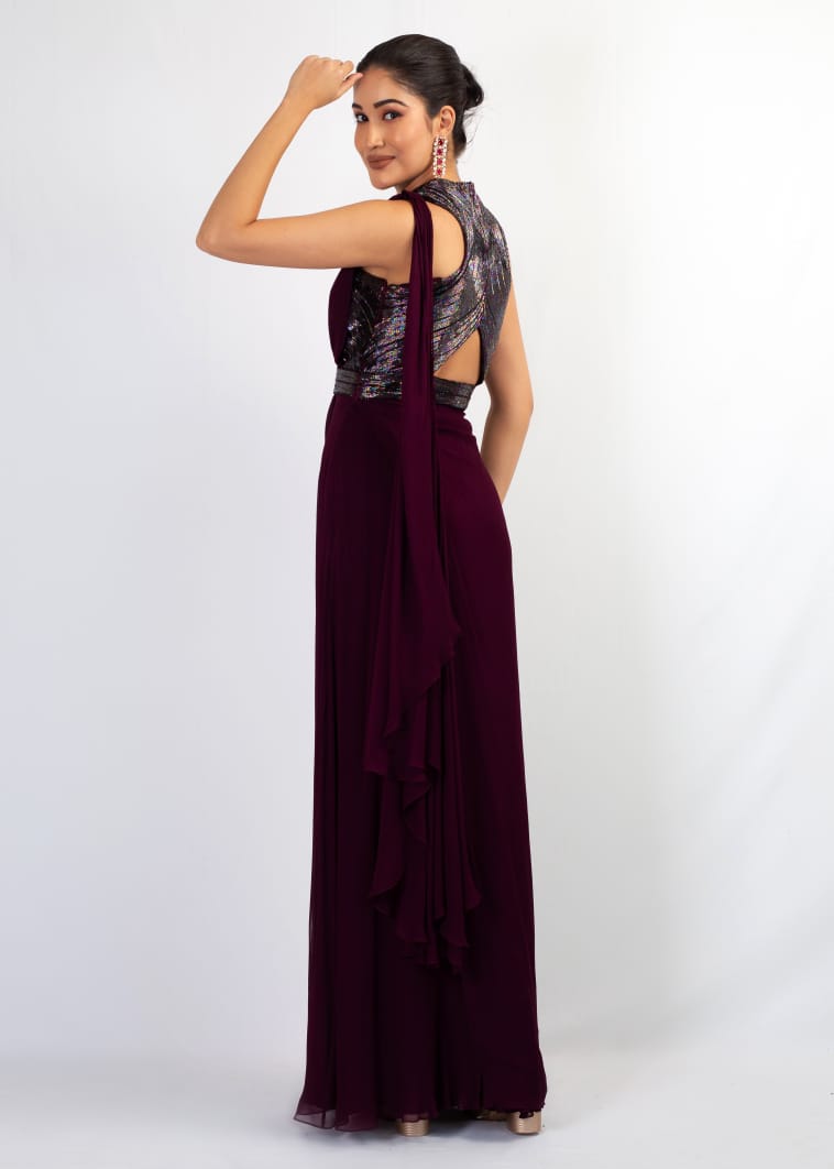 ELEGANT WINE EMBROIDERY TOP WITH DRAPE SAREE