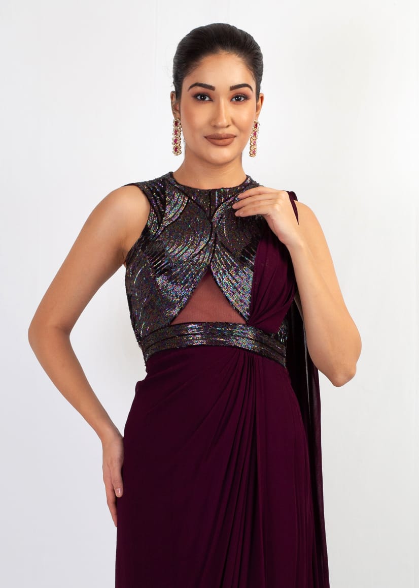 ELEGANT WINE EMBROIDERY TOP WITH DRAPE SAREE