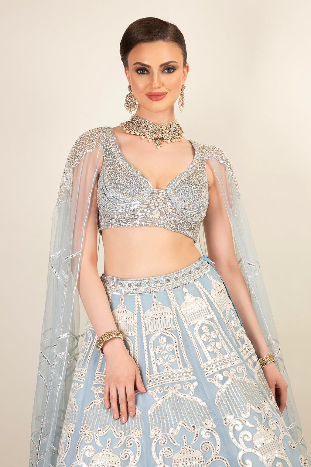 ICE BLUE LEHENGA WITH DRAPE TOP