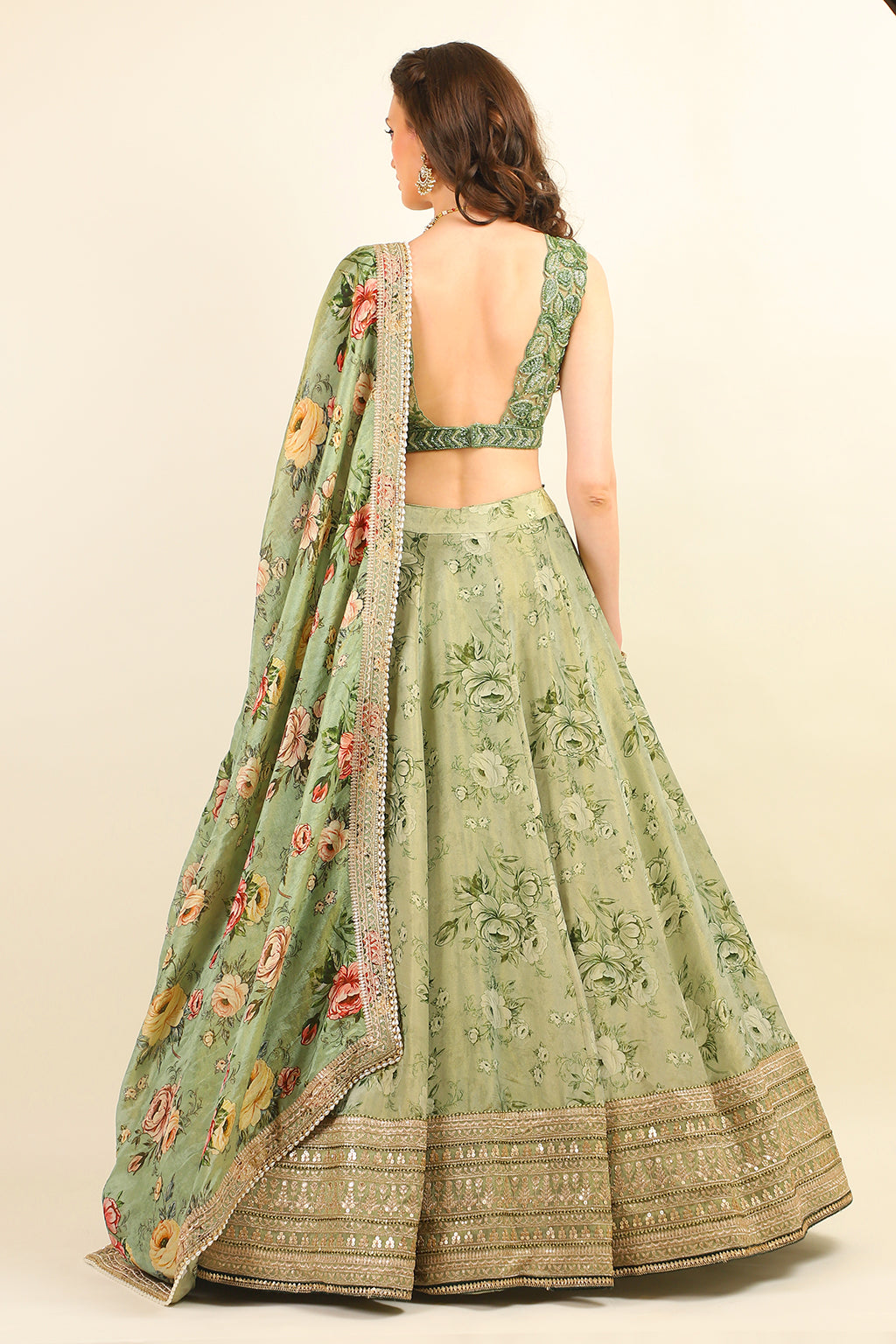 HAND EMBROIDERED TOP WITH PRINTED LEHENGA