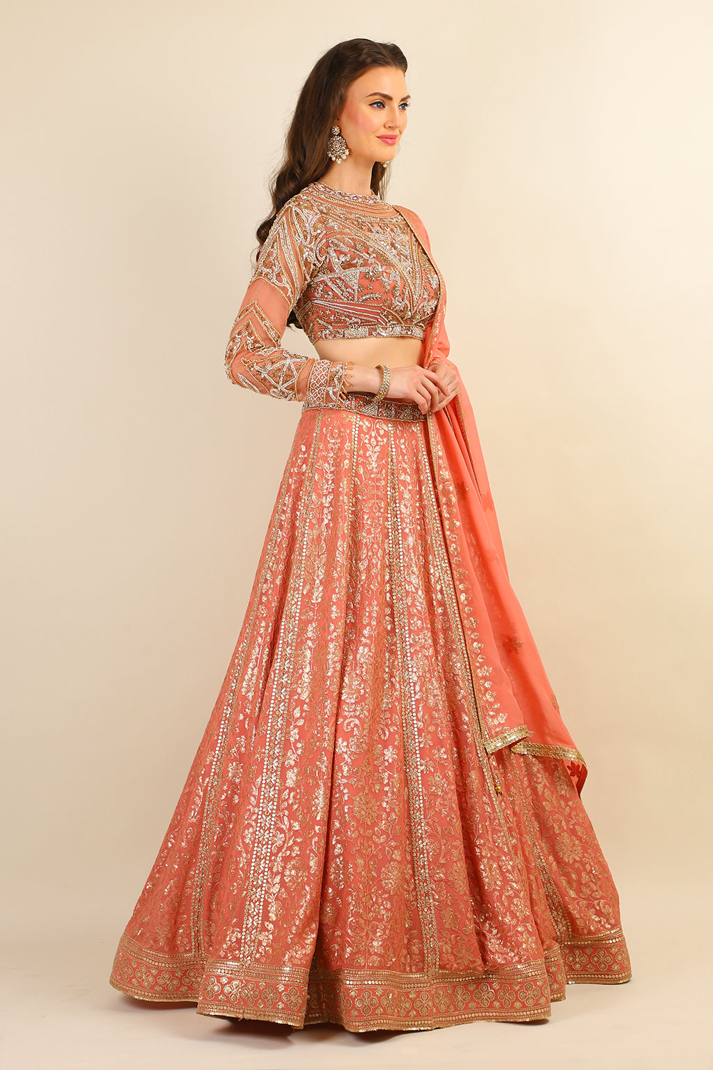 PEACH SKIRT WITH EMBROIDERED TOP