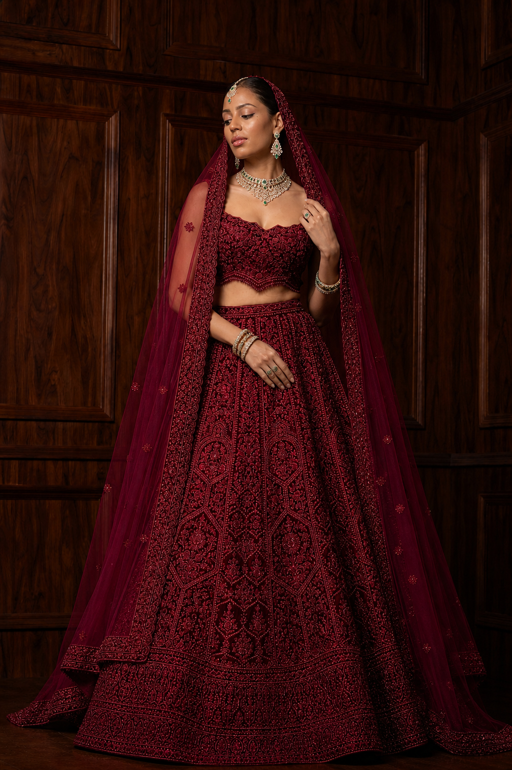 Deep Red Velvet Bridal Lehenga Set paired with Dupatta