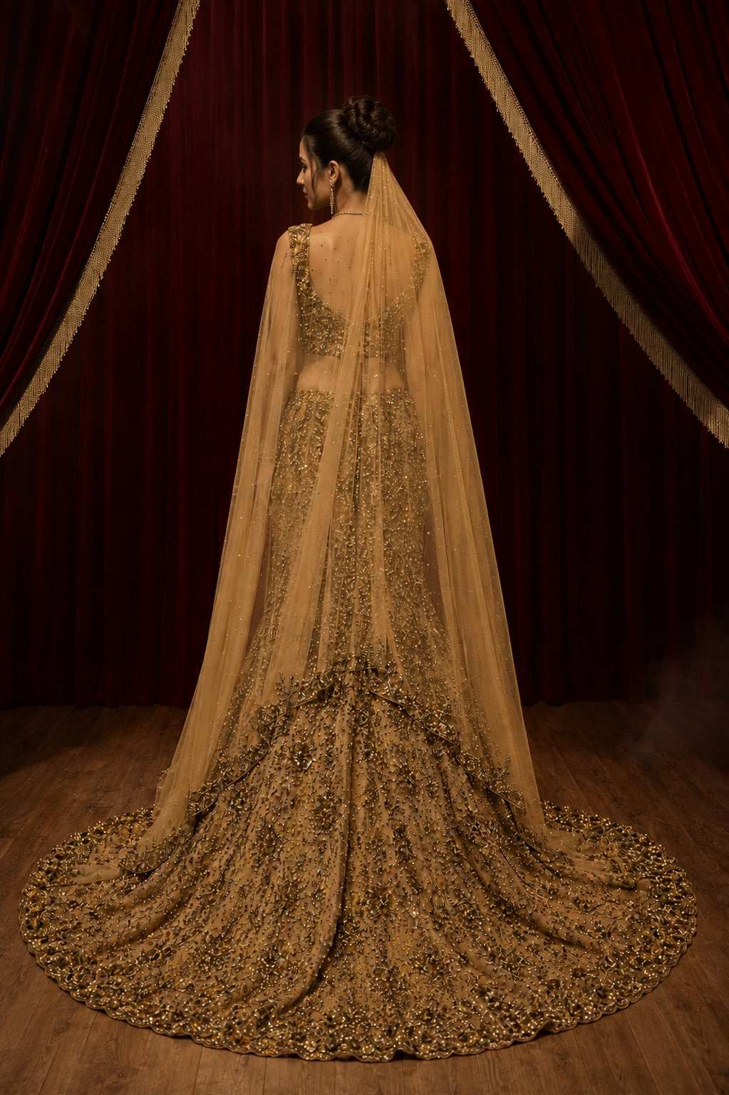 Gold Sequin Embellished Flared Trail Lehenga Set paired with dupatta