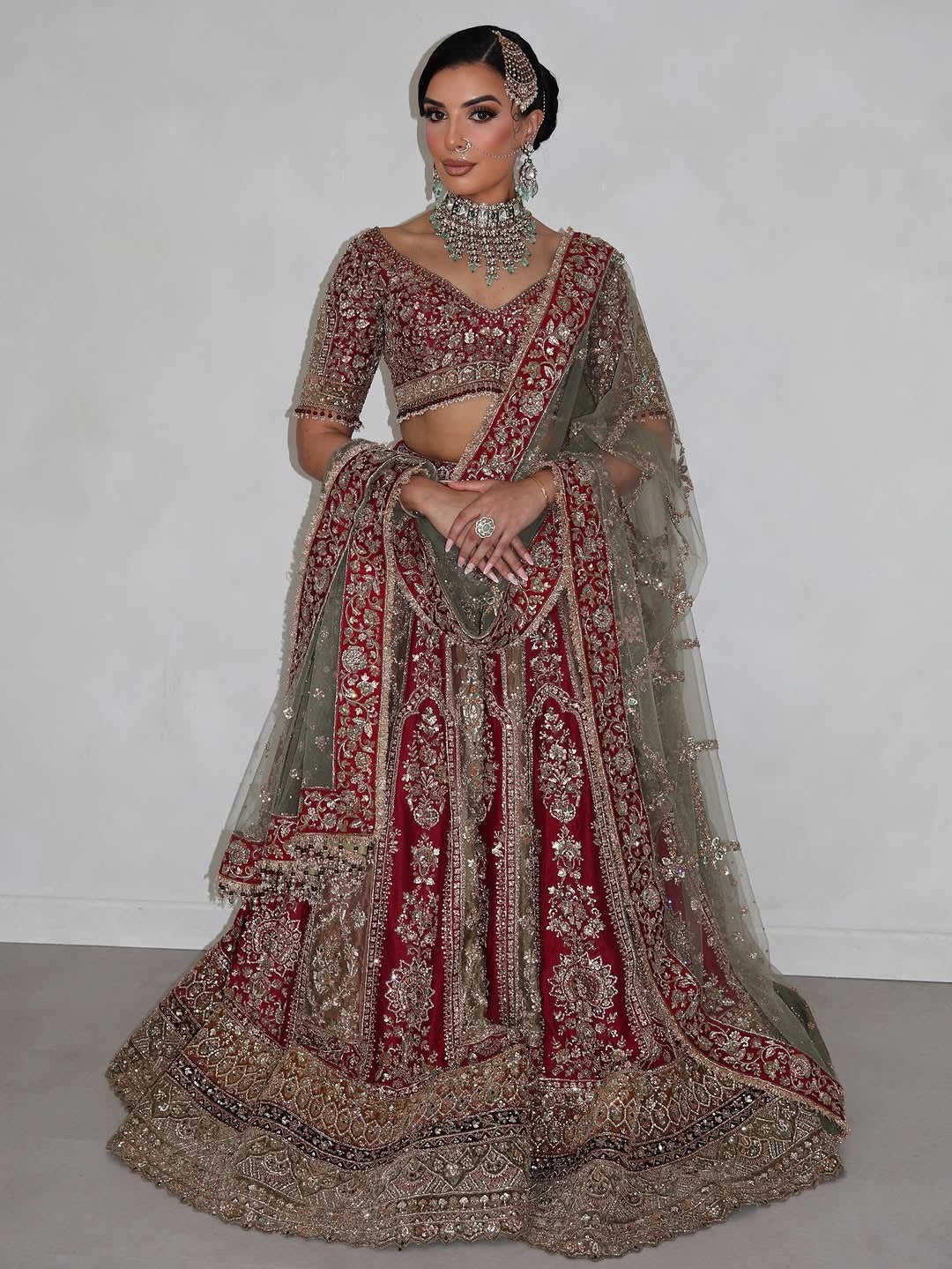 Red Bridal Lehenga Set paired with Olive green Dupatta