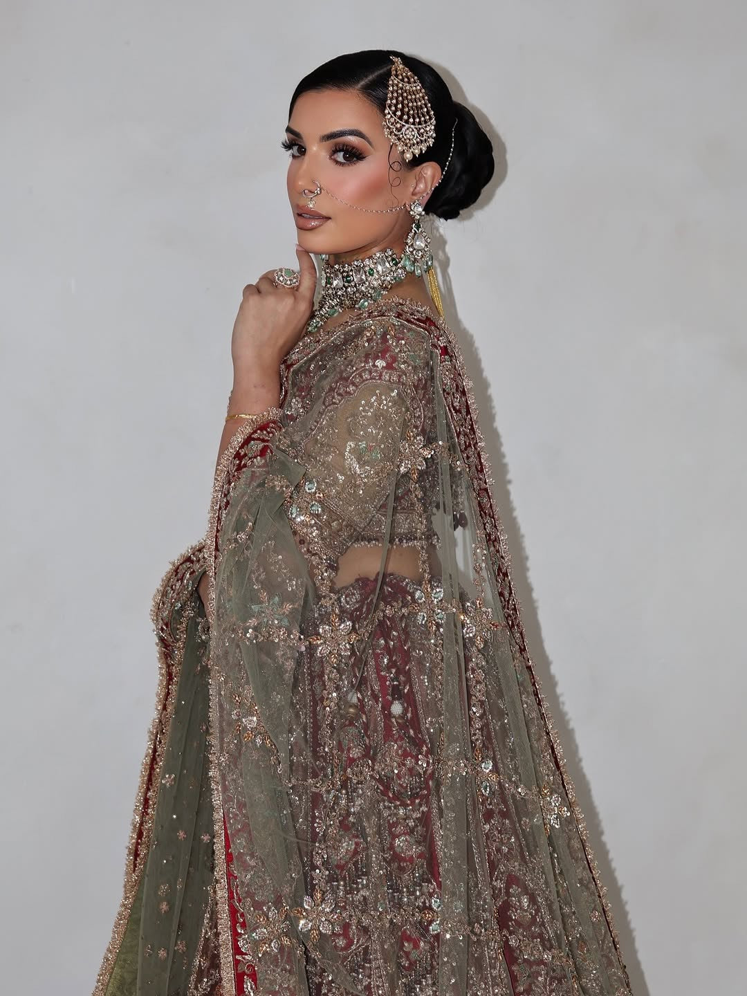 Red Bridal Lehenga Set paired with Olive green Dupatta