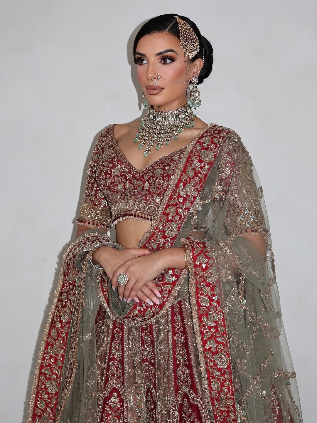 Red Bridal Lehenga Set paired with Olive green Dupatta