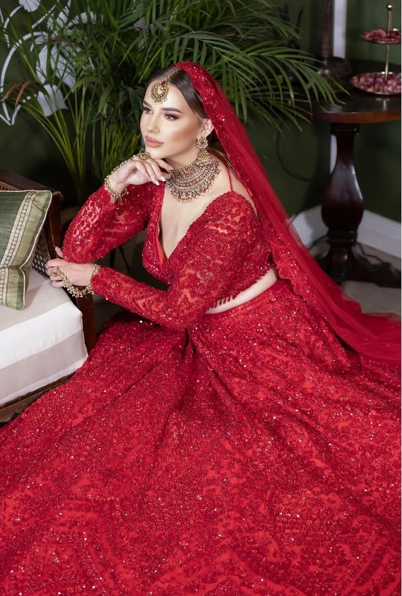 Scarlet Full-Sleeve Hand-Embellished Bridal Lehenga Set