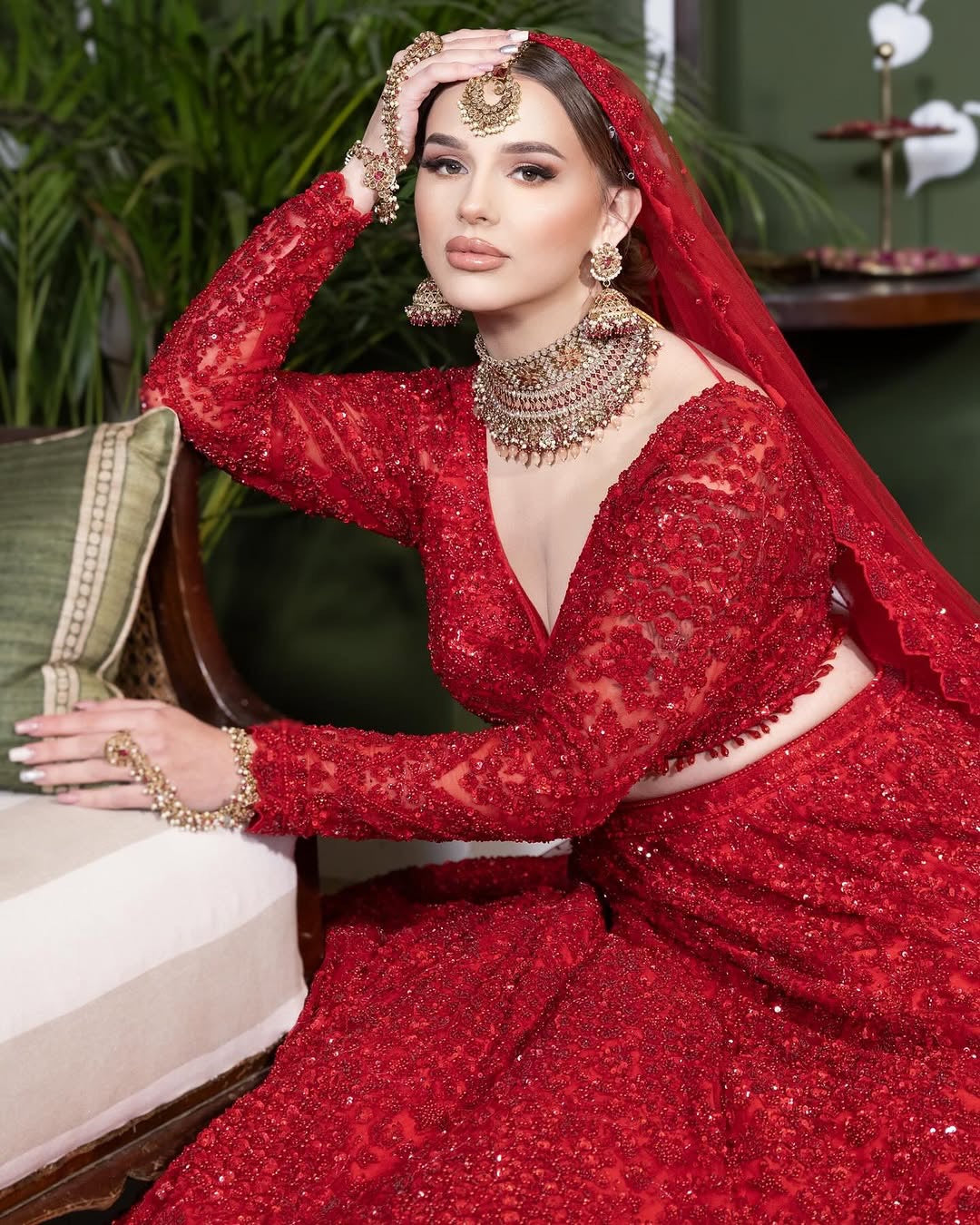Scarlet Full-Sleeve Hand-Embellished Bridal Lehenga Set