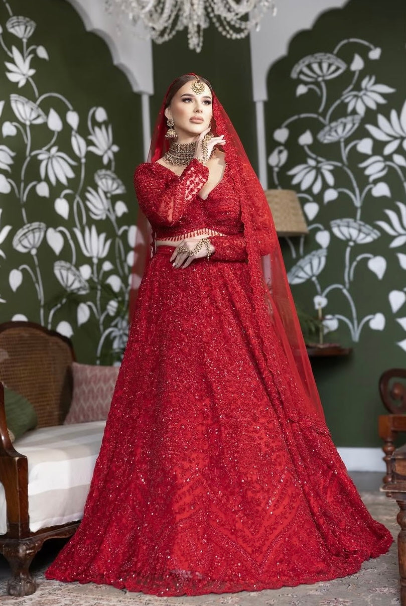 Scarlet Full-Sleeve Hand-Embellished Bridal Lehenga Set
