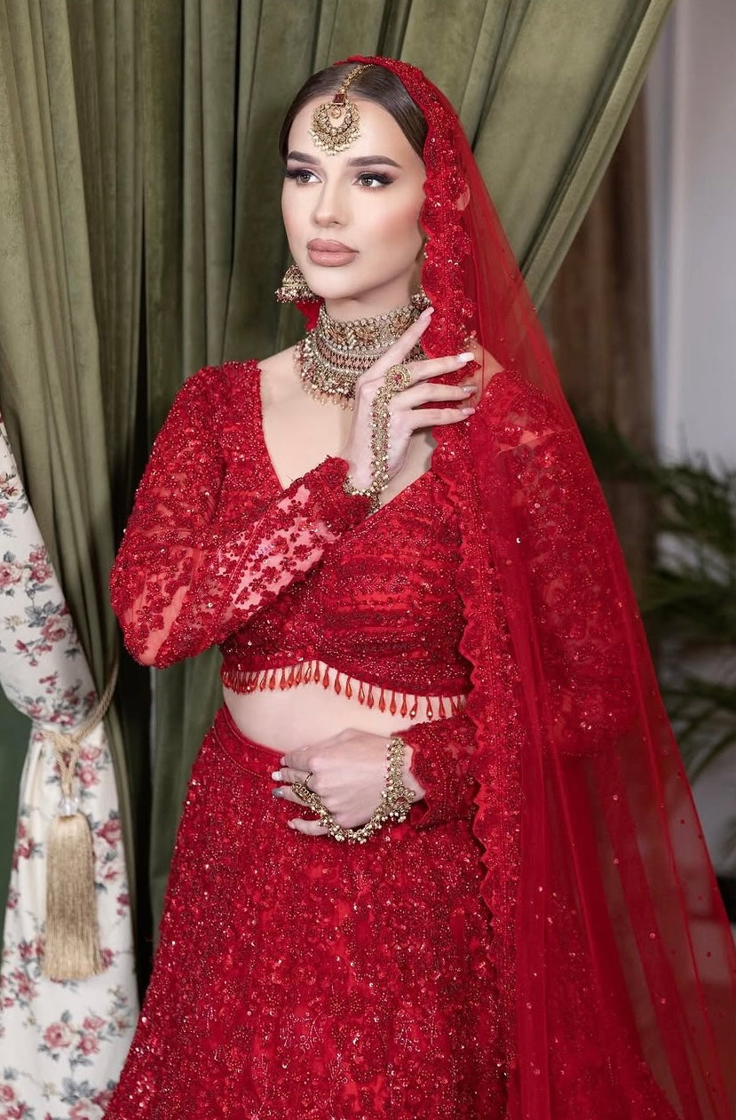 Scarlet Full-Sleeve Hand-Embellished Bridal Lehenga Set