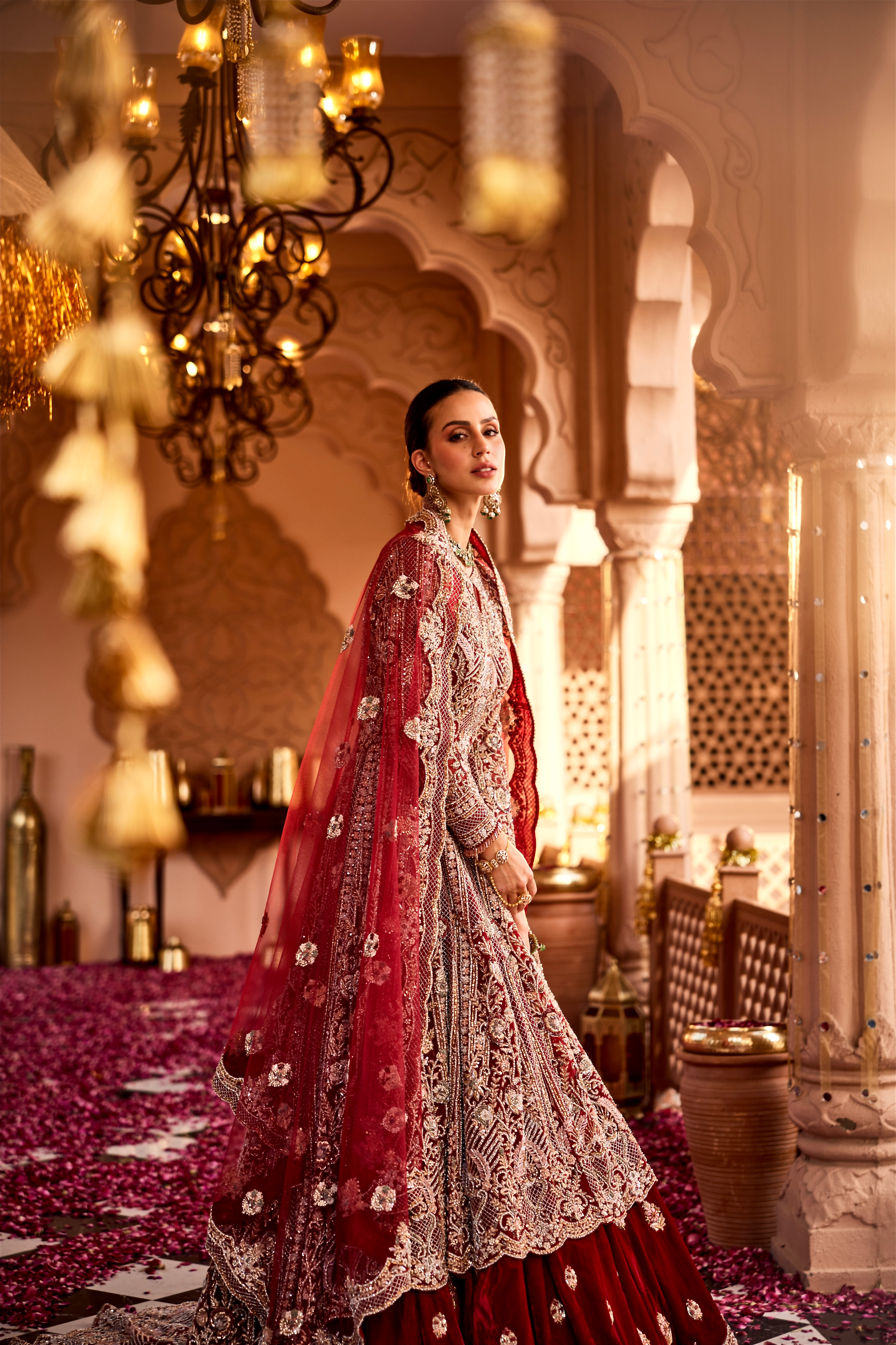 RED ELEGANT TRAIL JACKET WITH RED VELVET EMBROIDERY SKIRT AND DUPATTA