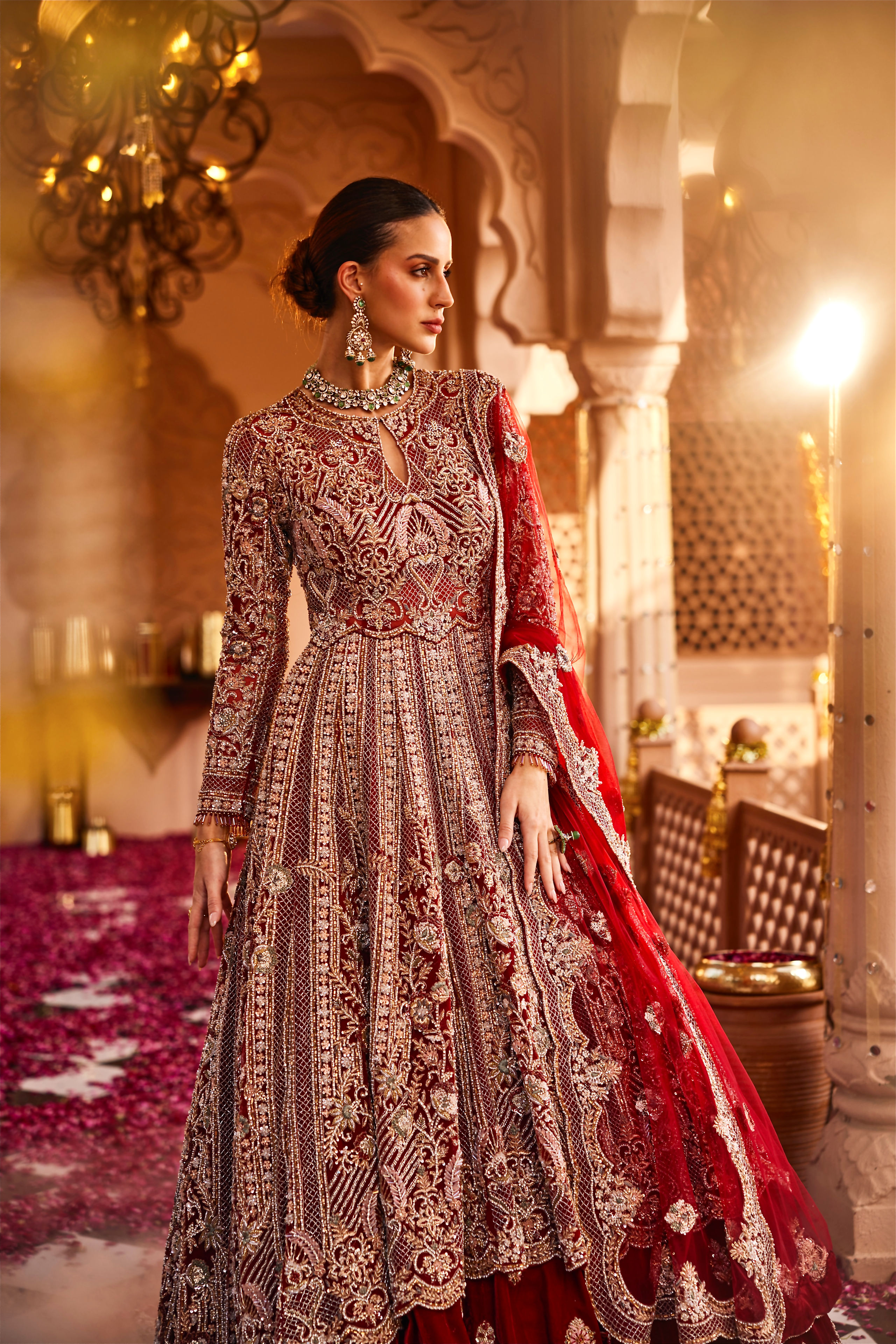 RED ELEGANT TRAIL JACKET WITH RED VELVET EMBROIDERY SKIRT AND DUPATTA