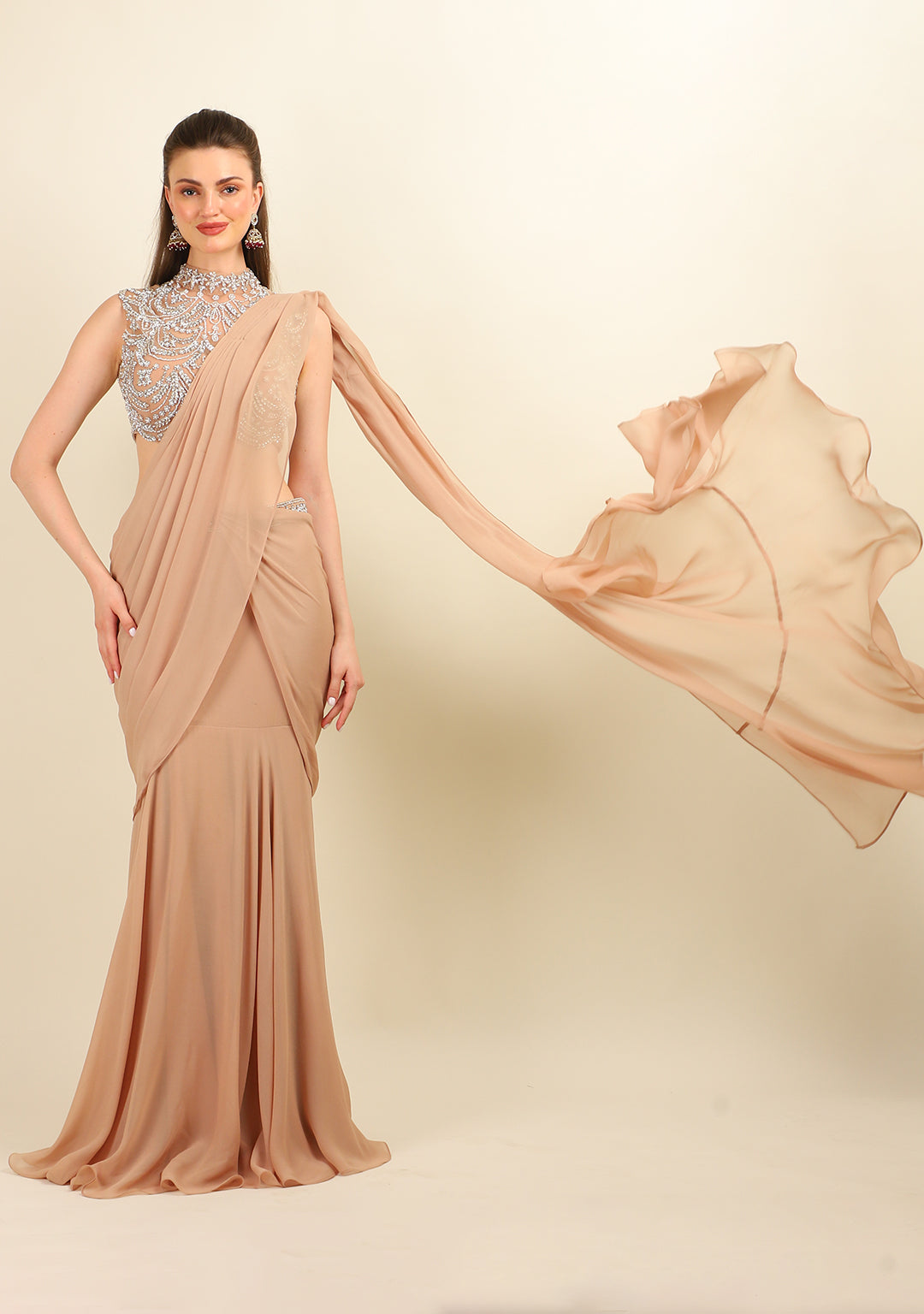 HAND EMBROIDERED TOP WITH NUDE STITCH SAREE
