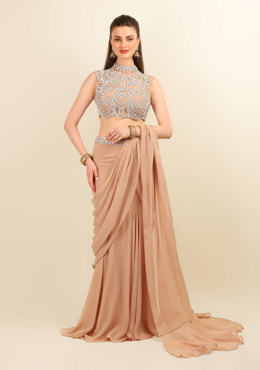 HAND EMBROIDERED TOP WITH NUDE STITCH SAREE