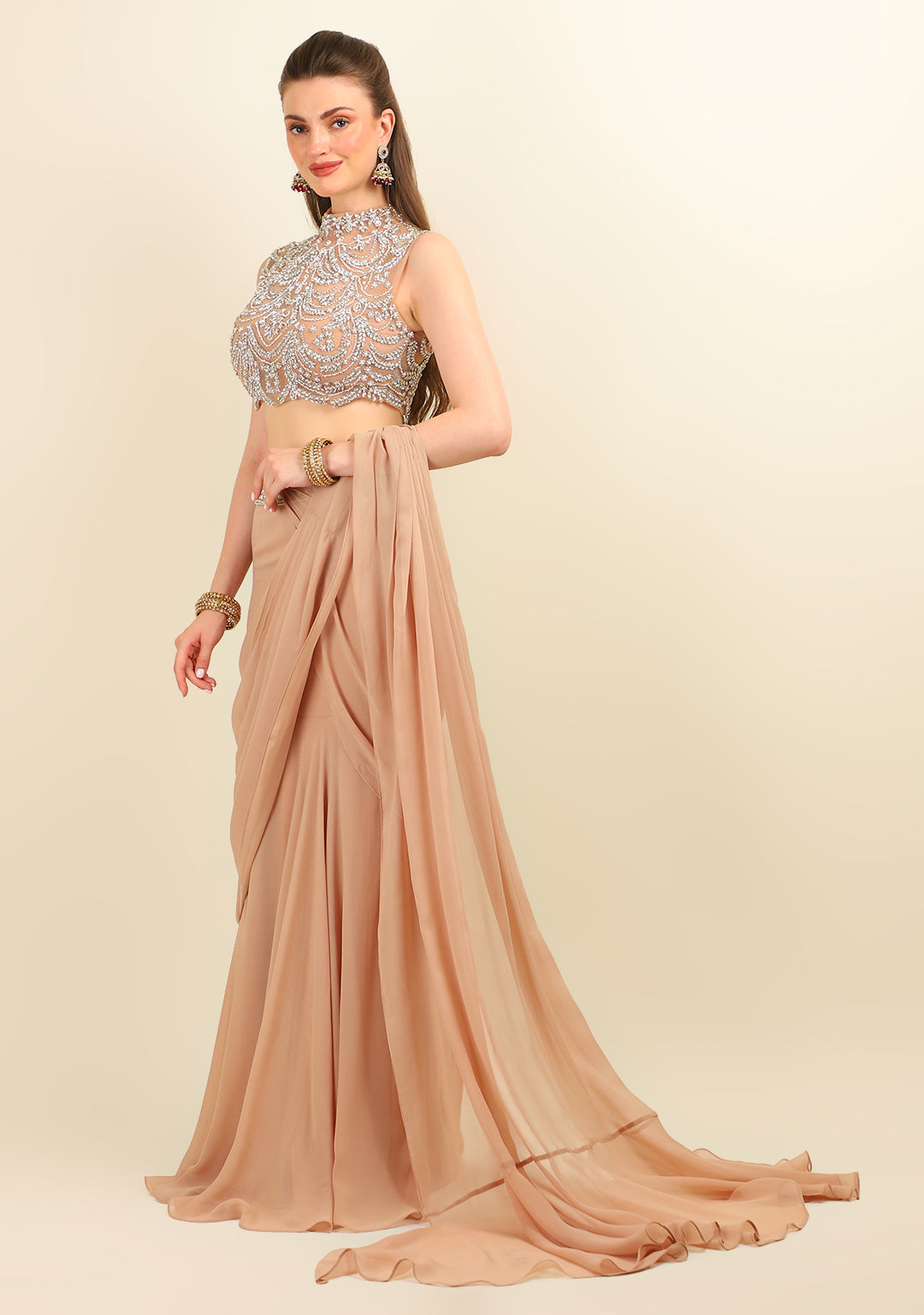 HAND EMBROIDERED TOP WITH NUDE STITCH SAREE
