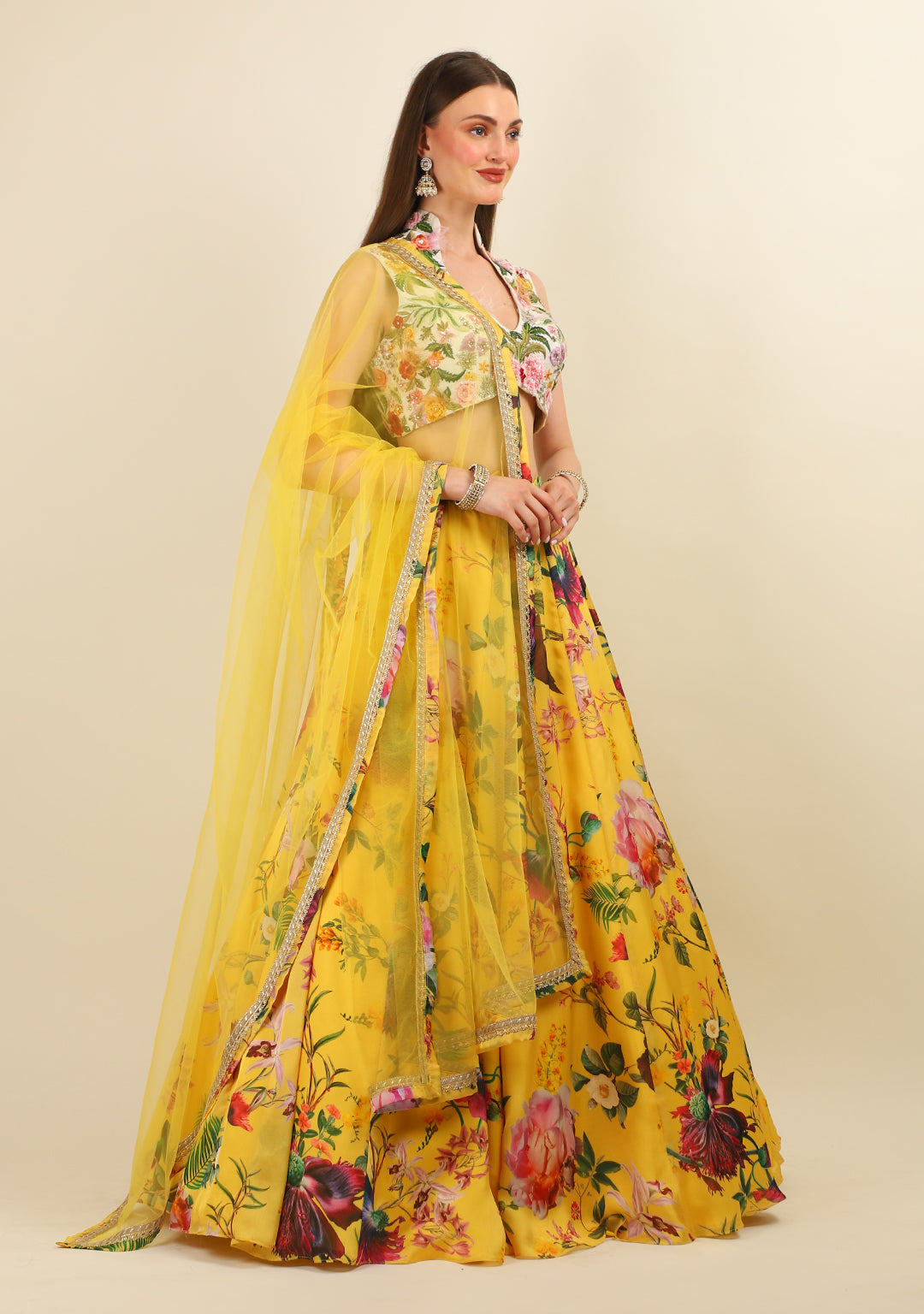 YELLOW PRINTED FLORAL SKIRT WITH MULTI TOP