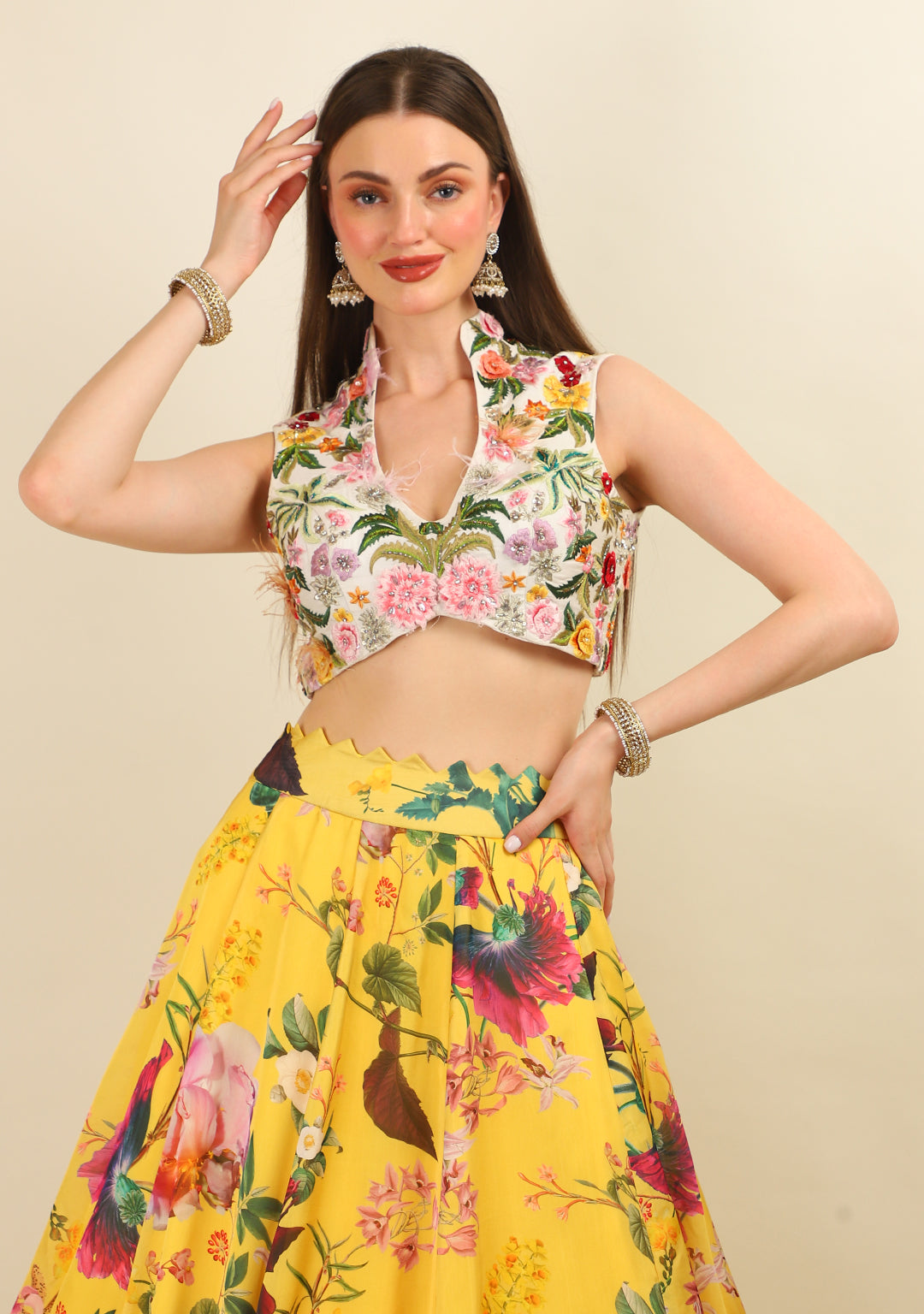 YELLOW PRINTED FLORAL SKIRT WITH MULTI TOP