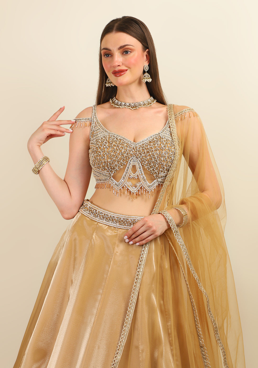 HAND EMBROIDERED TOP WITH GOLD TISSUE SKIRT