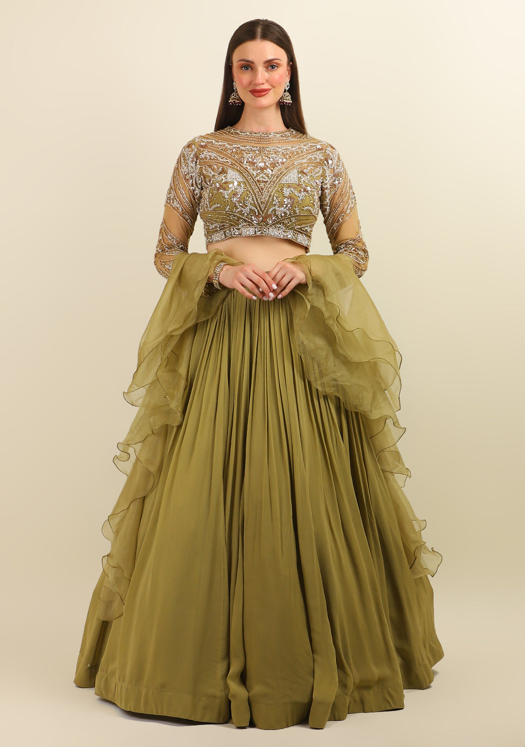 OLIVE HAND EMBROIDRY TOP WITH SKIRT