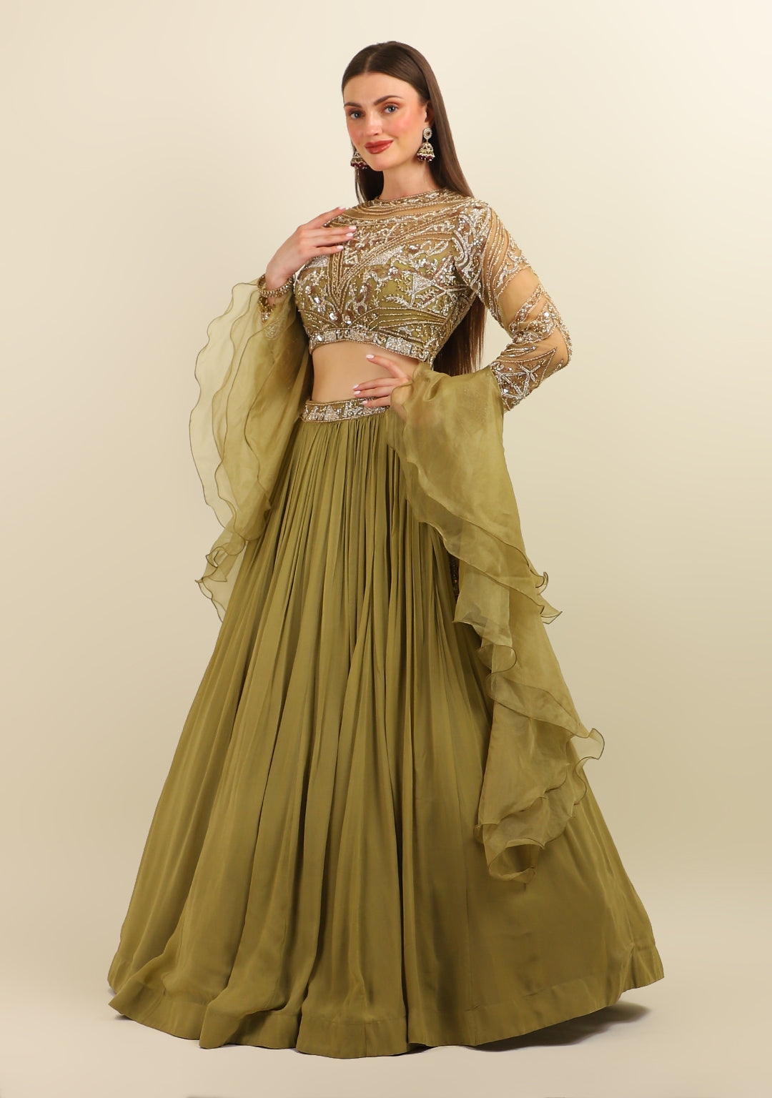 OLIVE HAND EMBROIDRY TOP WITH SKIRT