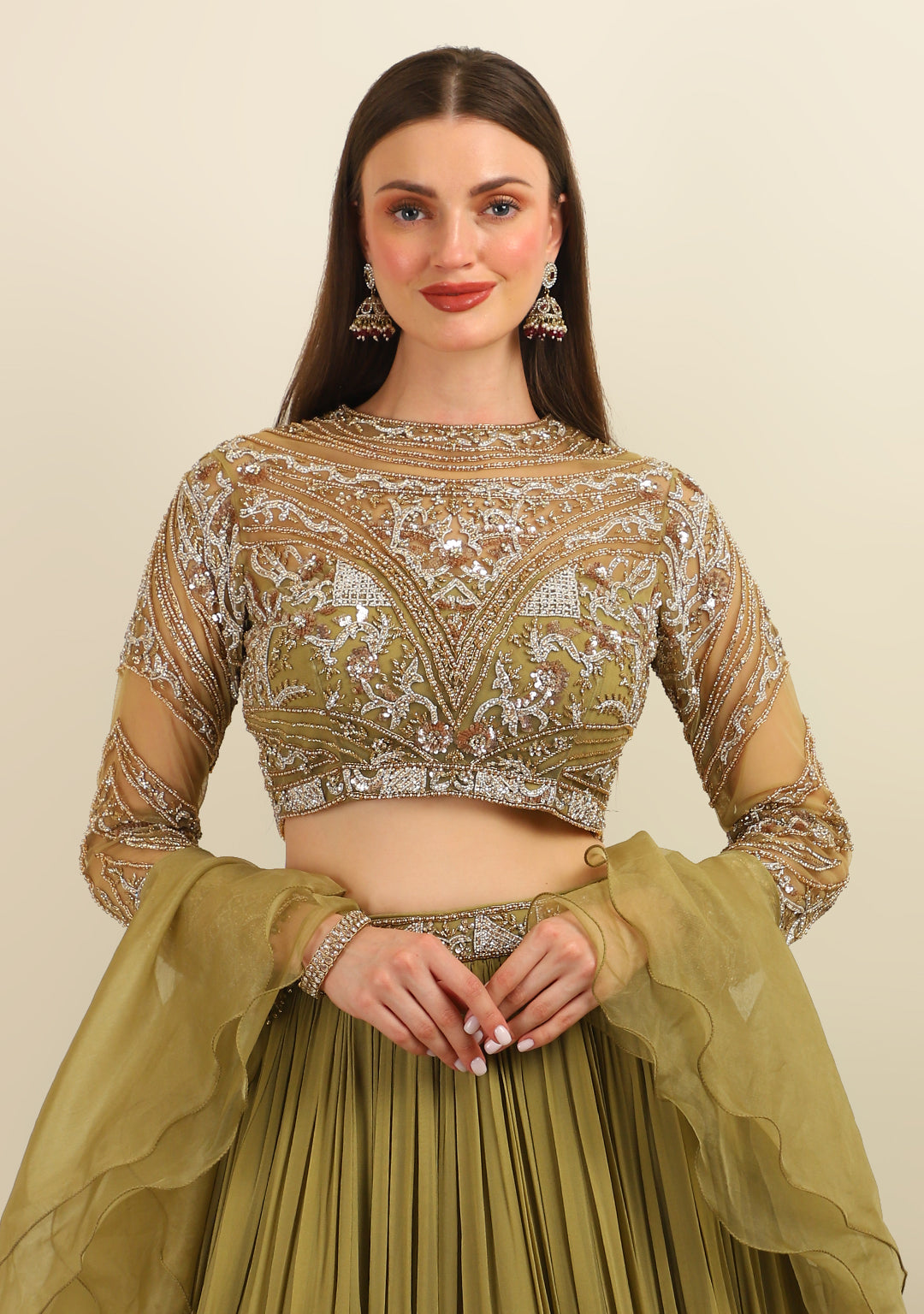 OLIVE HAND EMBROIDRY TOP WITH SKIRT