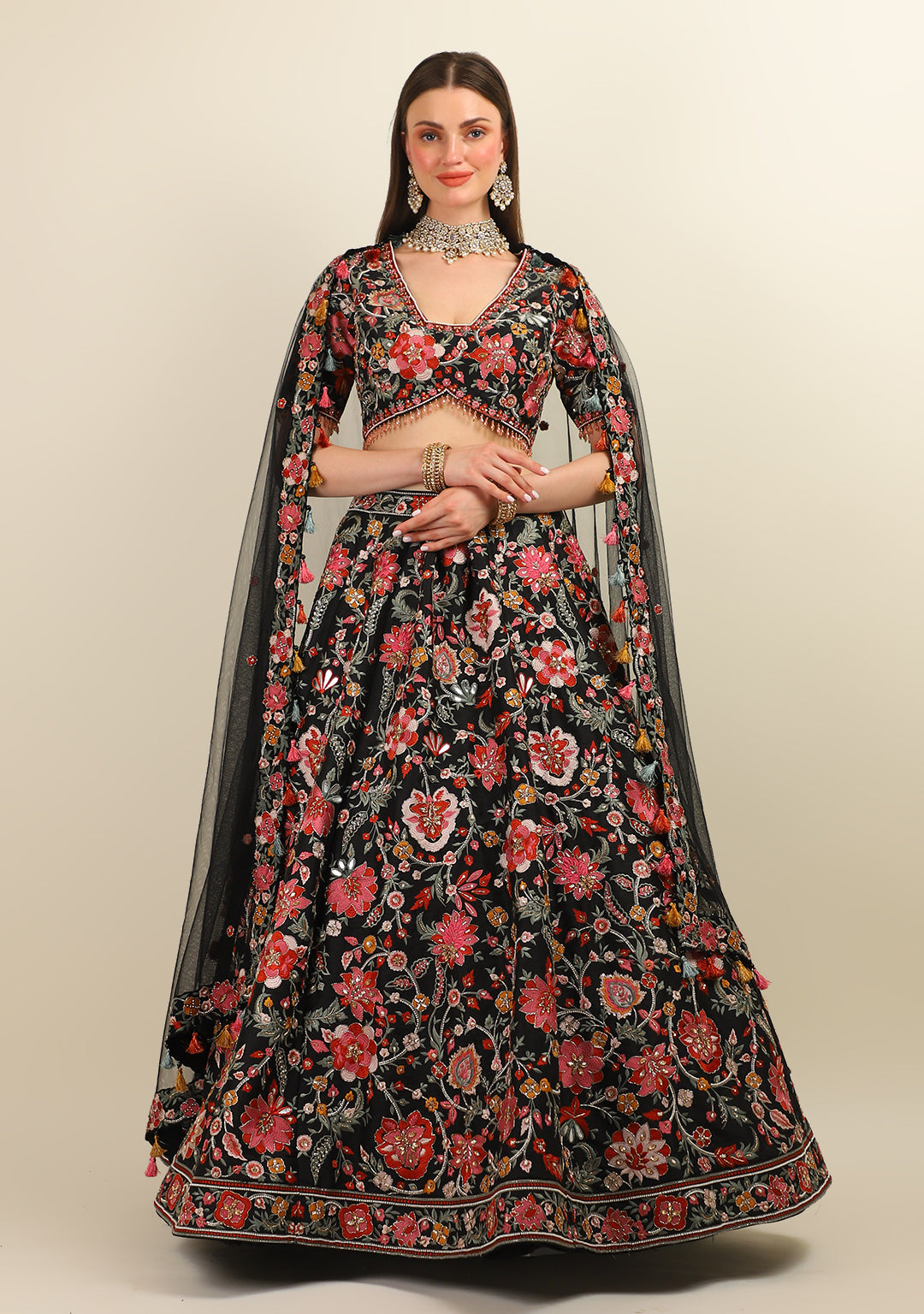 BLACK HAND EMBROIDERY TOP WITH EMBROIDERY LEHENGA