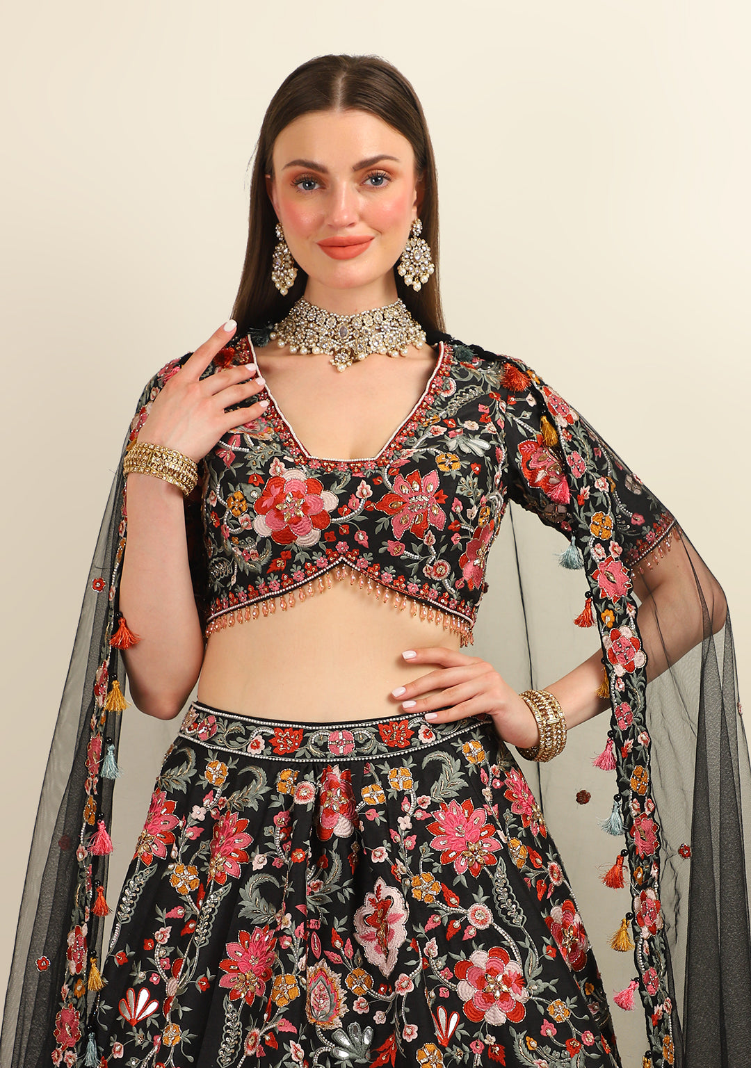 BLACK HAND EMBROIDERY TOP WITH EMBROIDERY LEHENGA