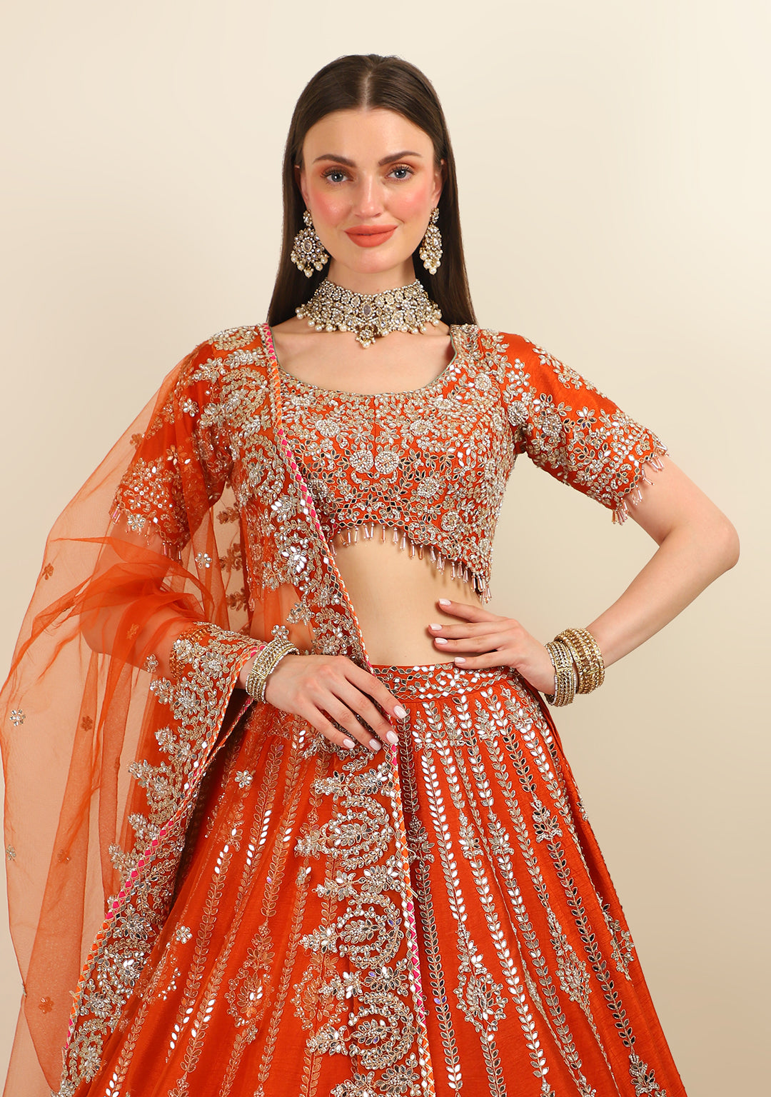 RUST GOTA PATTI LEHENGA WITH EMBROIDERY TOP