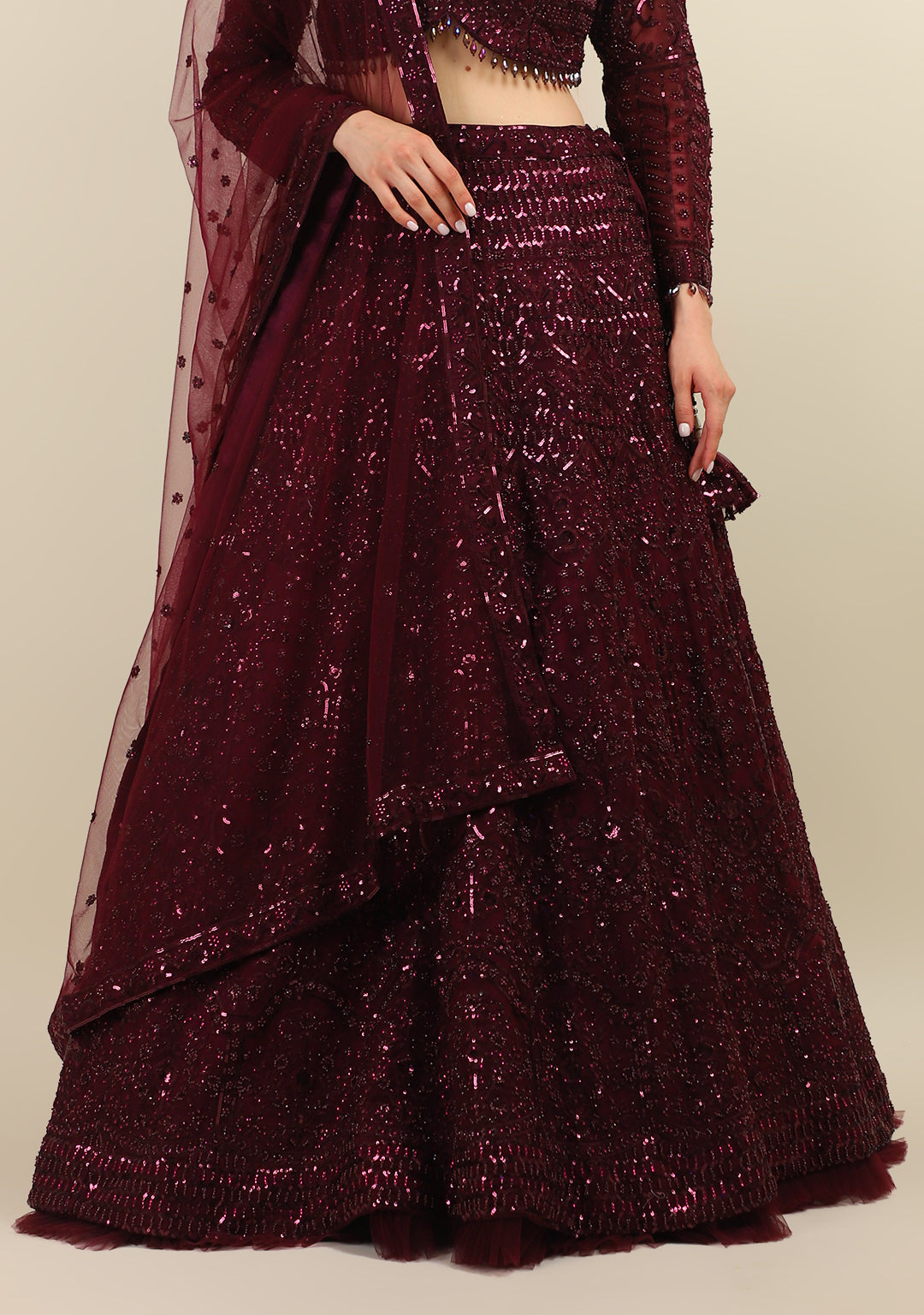 WINE HAND EMBROIDERY LEHENGA WITH FULL SLEEVES TOP