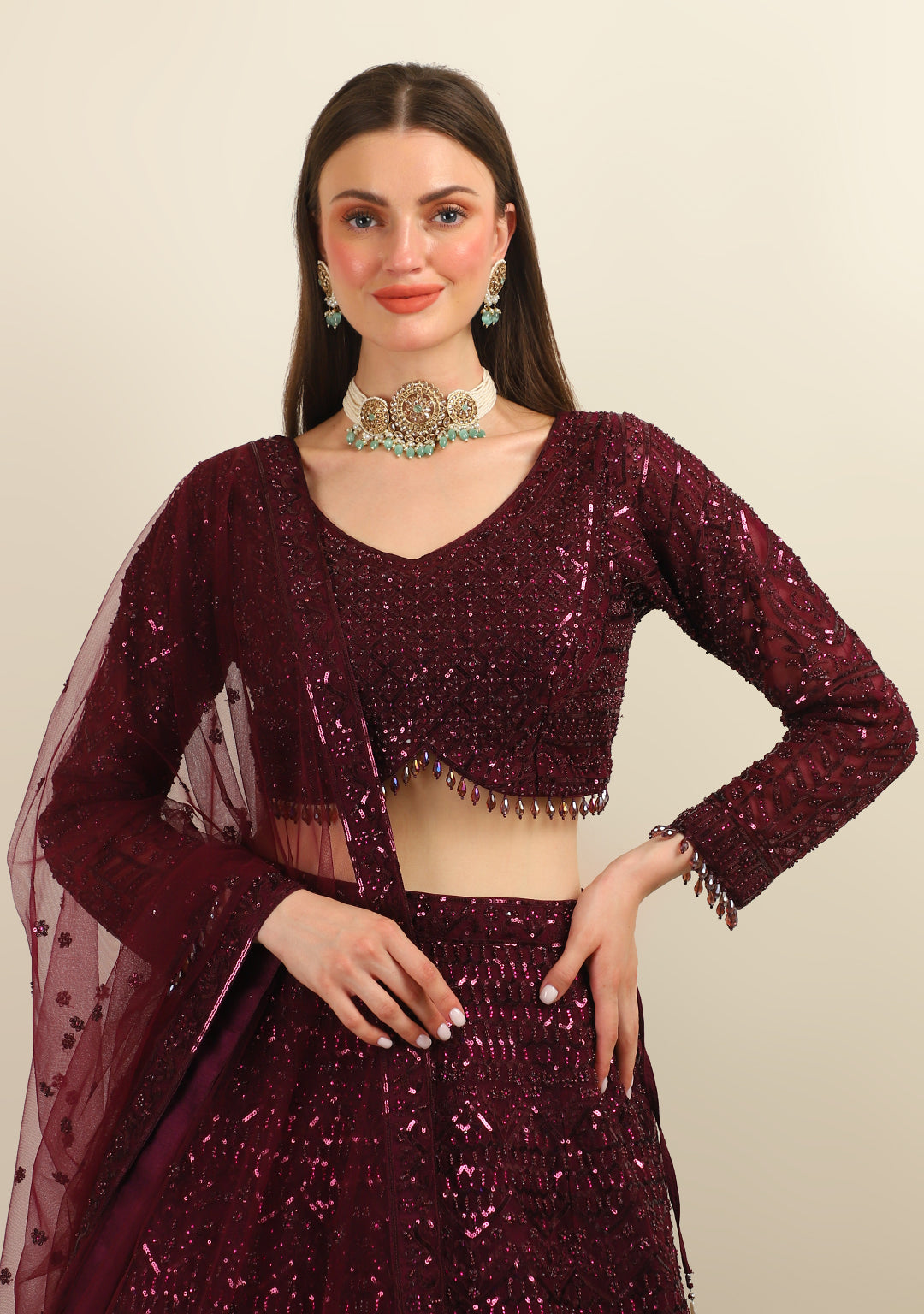 WINE HAND EMBROIDERY LEHENGA WITH FULL SLEEVES TOP