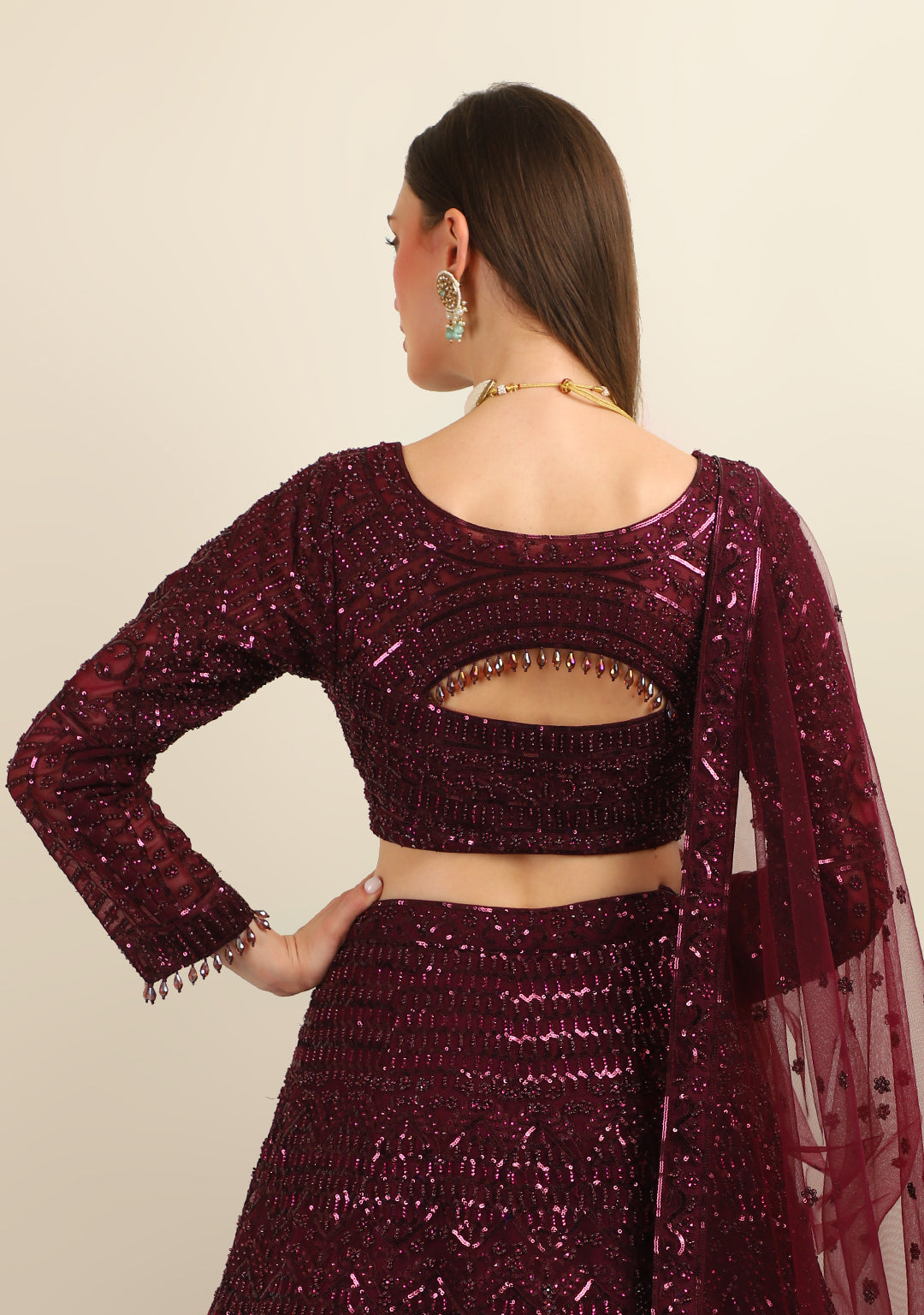 WINE HAND EMBROIDERY LEHENGA WITH FULL SLEEVES TOP