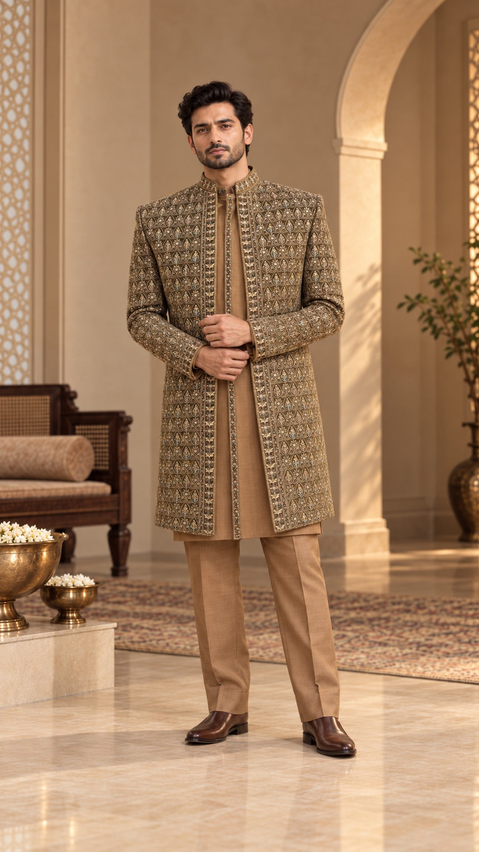 Brown velvet Embroidered Sherwani Set