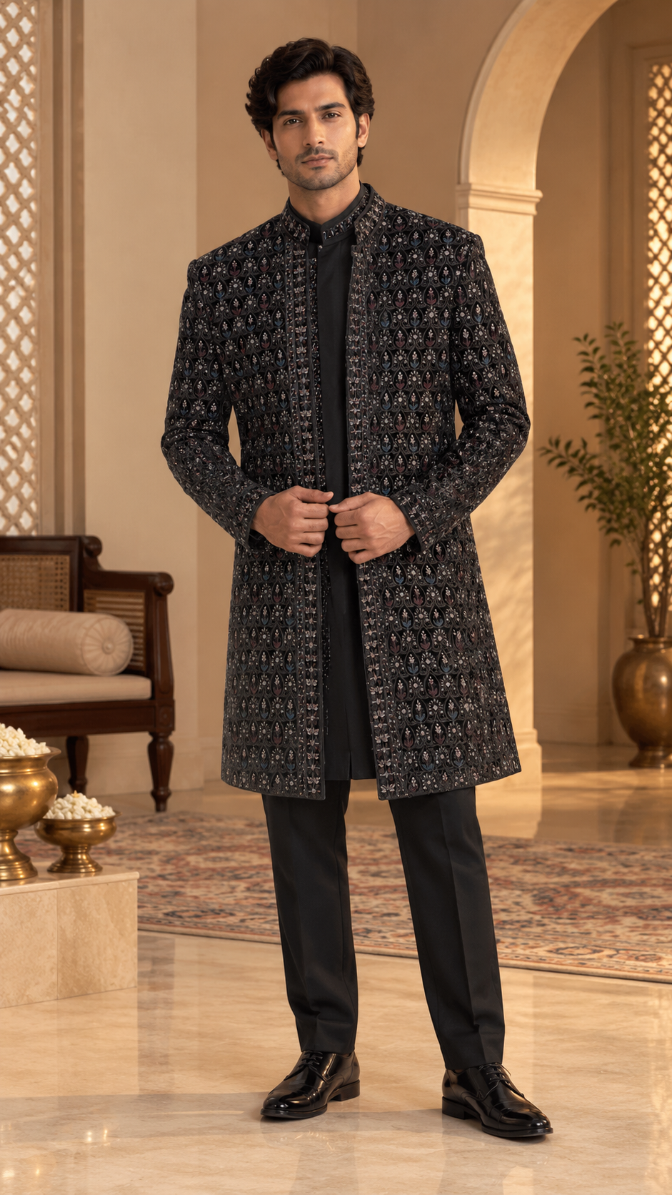 Black Embroidered Indo-Western Set