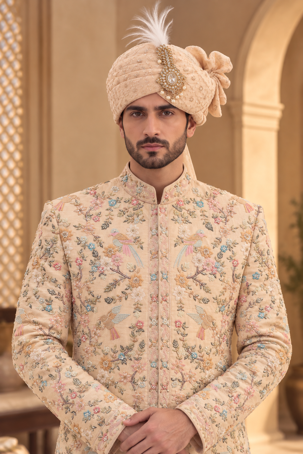 Cream Floral Embroidered Sherwani Set