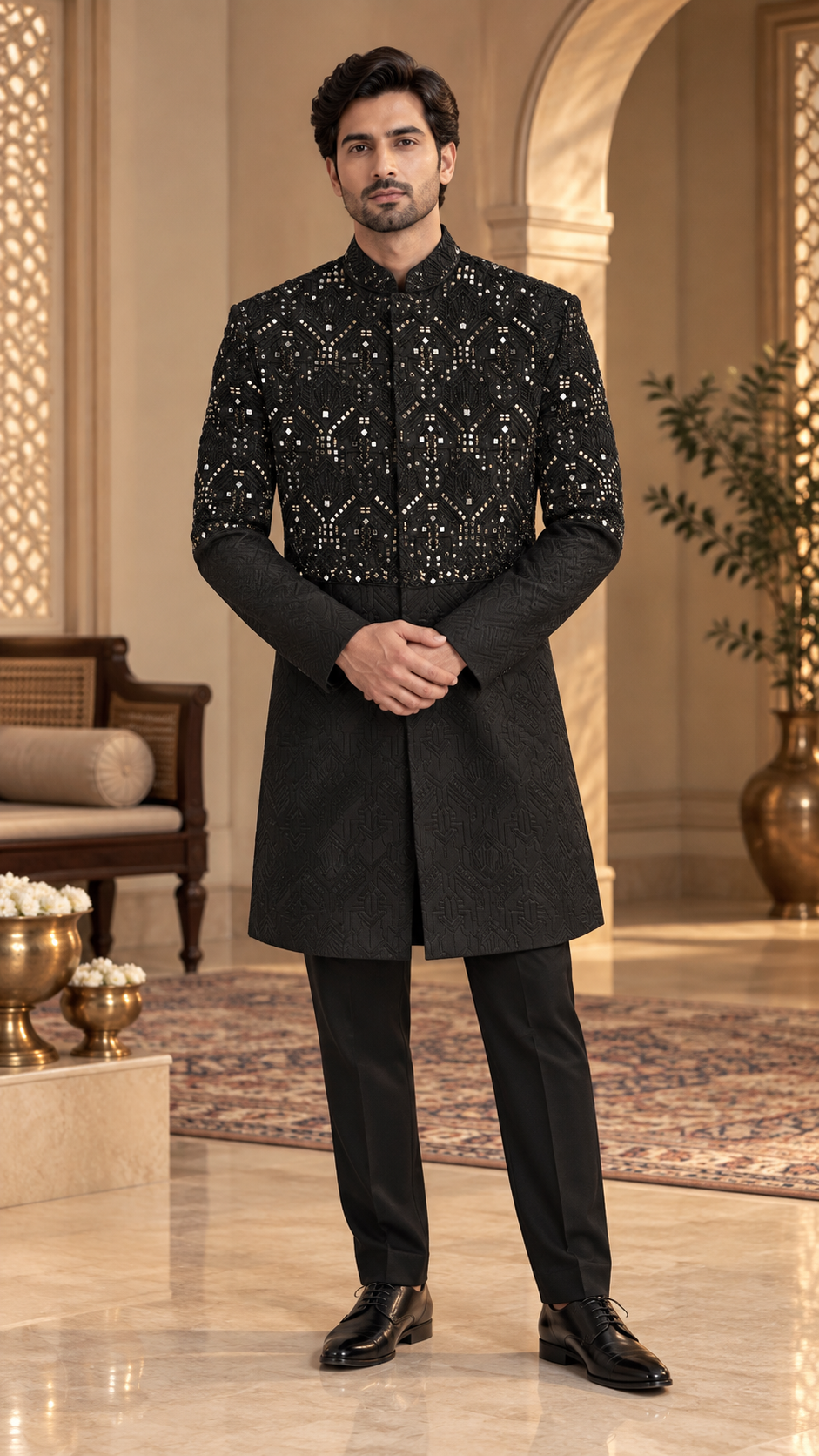 Black Patterned Embroidered Sherwani Set