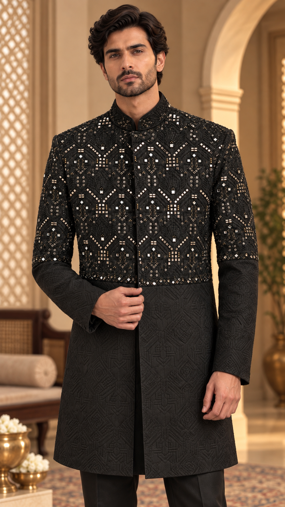Black Patterned Embroidered Sherwani Set